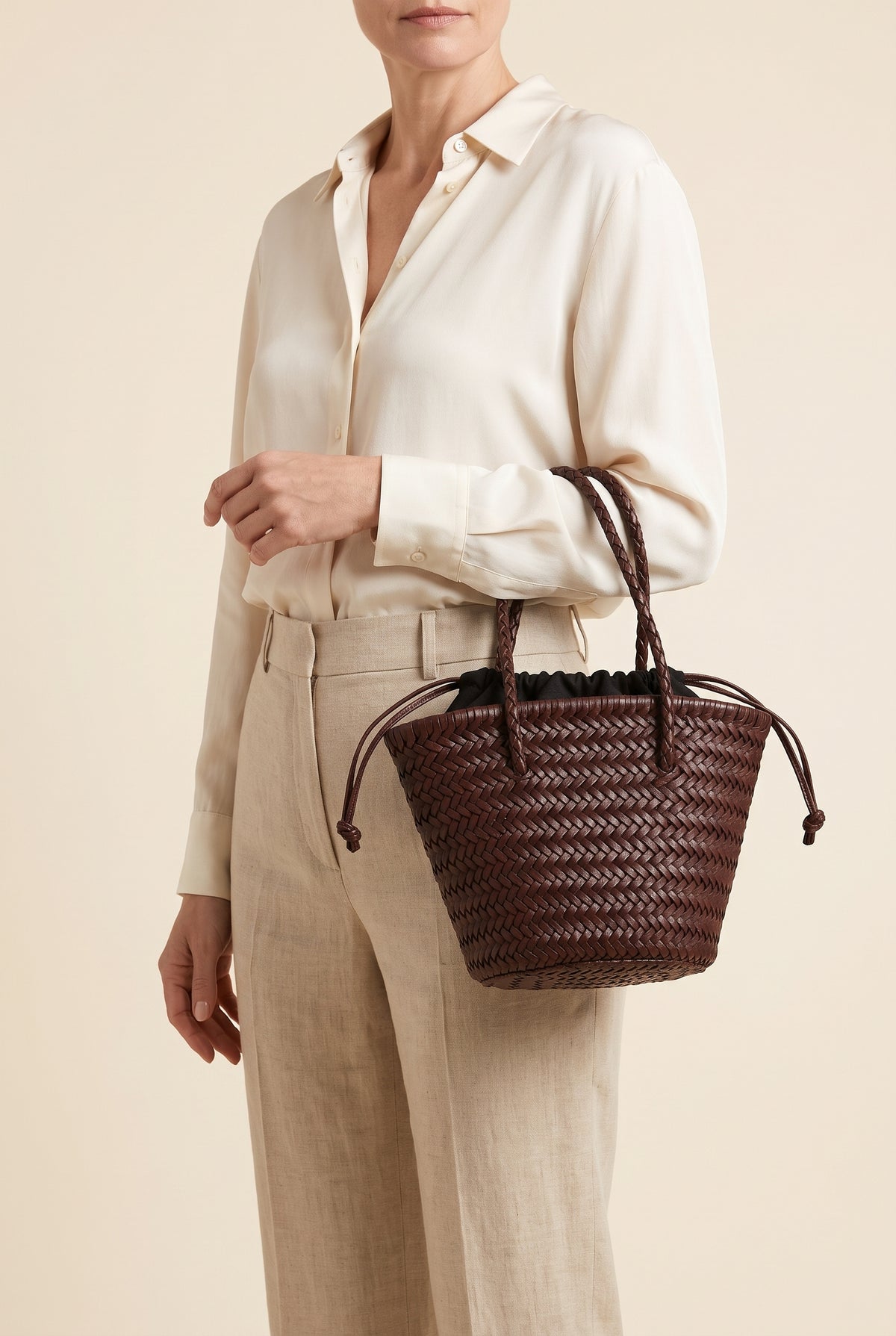 Blair Woven Faux Leather Bucket Bag — On-Model View