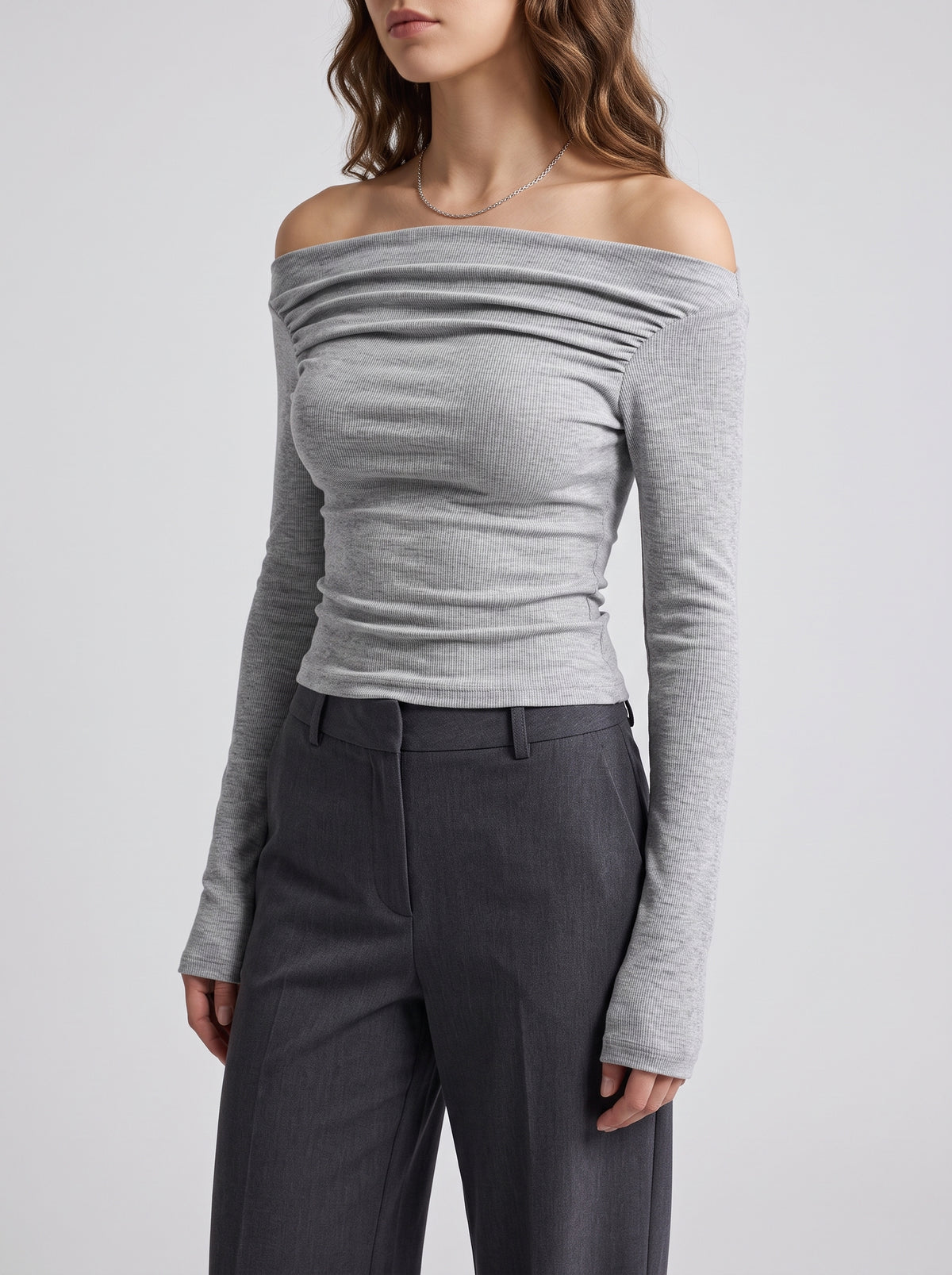 Cassy Off-Shoulder Long-Sleeve Top - Grey