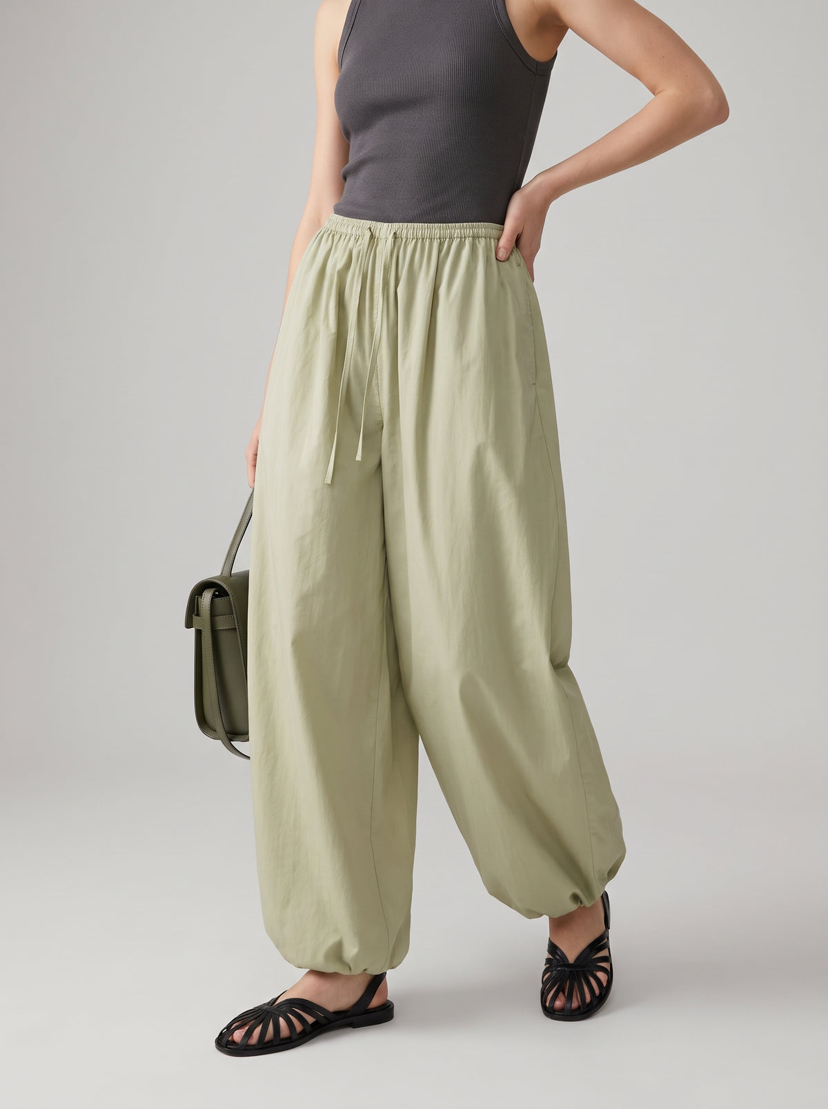 Inga Cotton Elastic-Waist Baggy Pants — Sage Green