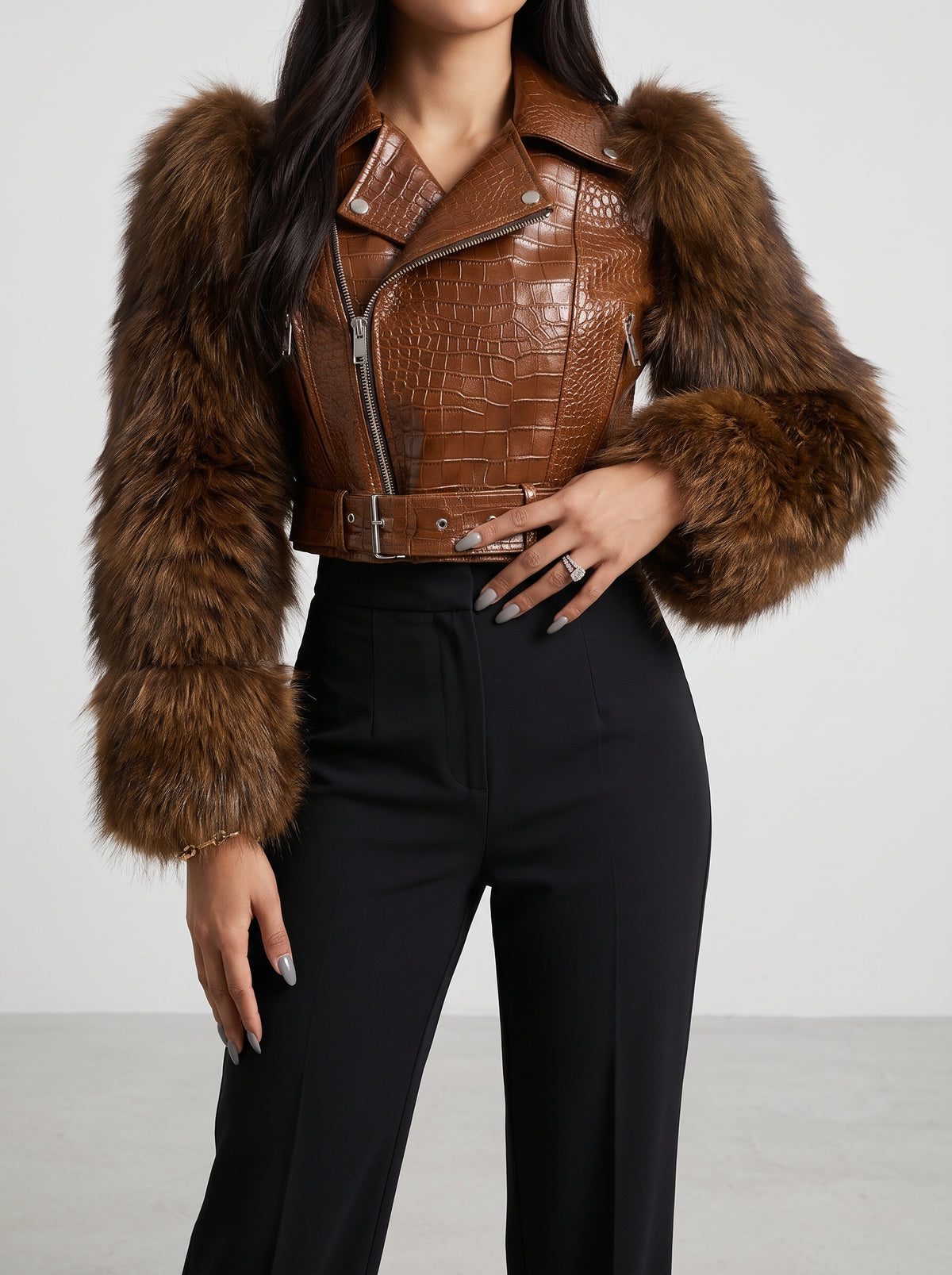Veste Olympe en fausse fourrure à manches effet croco - Marron