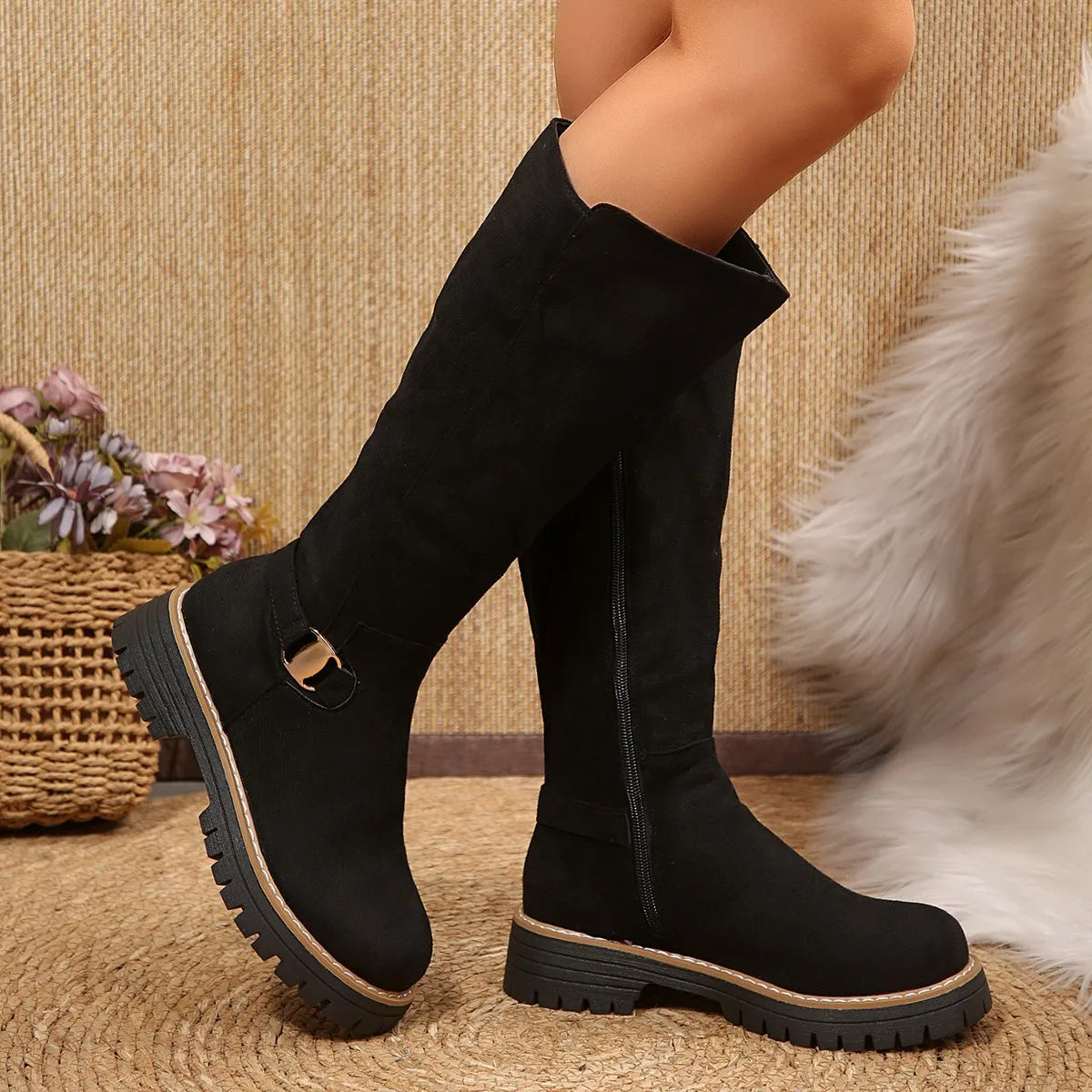 Bottes cavalières tendance pour femme à talon épais, en daim, fermeture éclair latérale, hauteur genou, antidérapantes, pour l’automne et l’hiver
