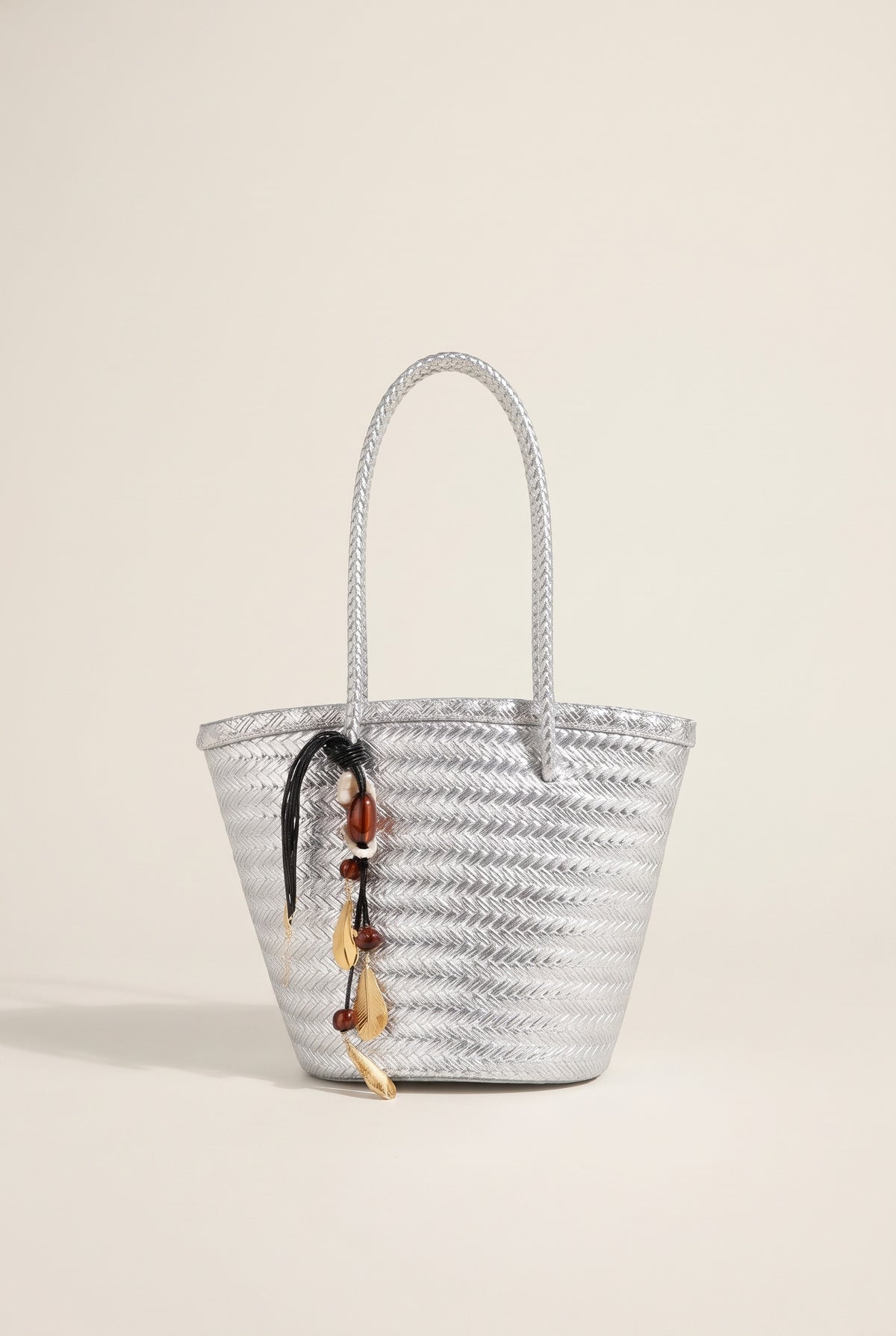 Meryl Woven Bucket Bag with Pouch — Silver