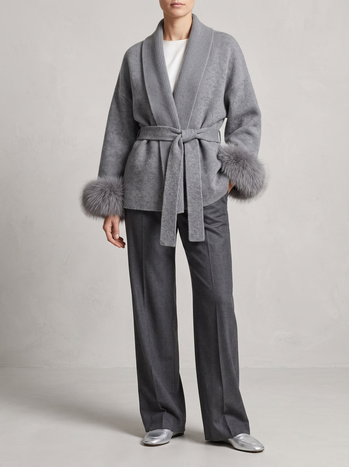 Wool Coat with Fox Fur Cuffs — Gray Short