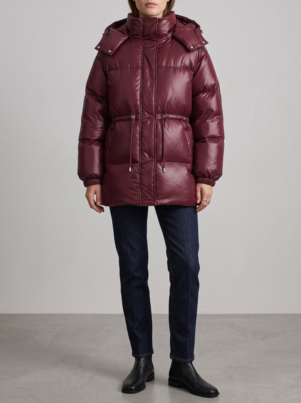 Lorie Long Hooded Drawstring Puffer Coat — Burgundy