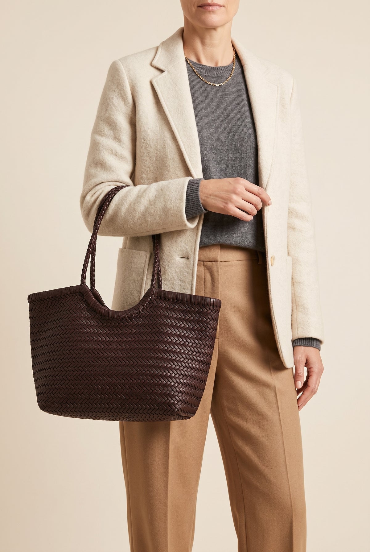 Rica Woven Faux Leather Tote — On-Model View