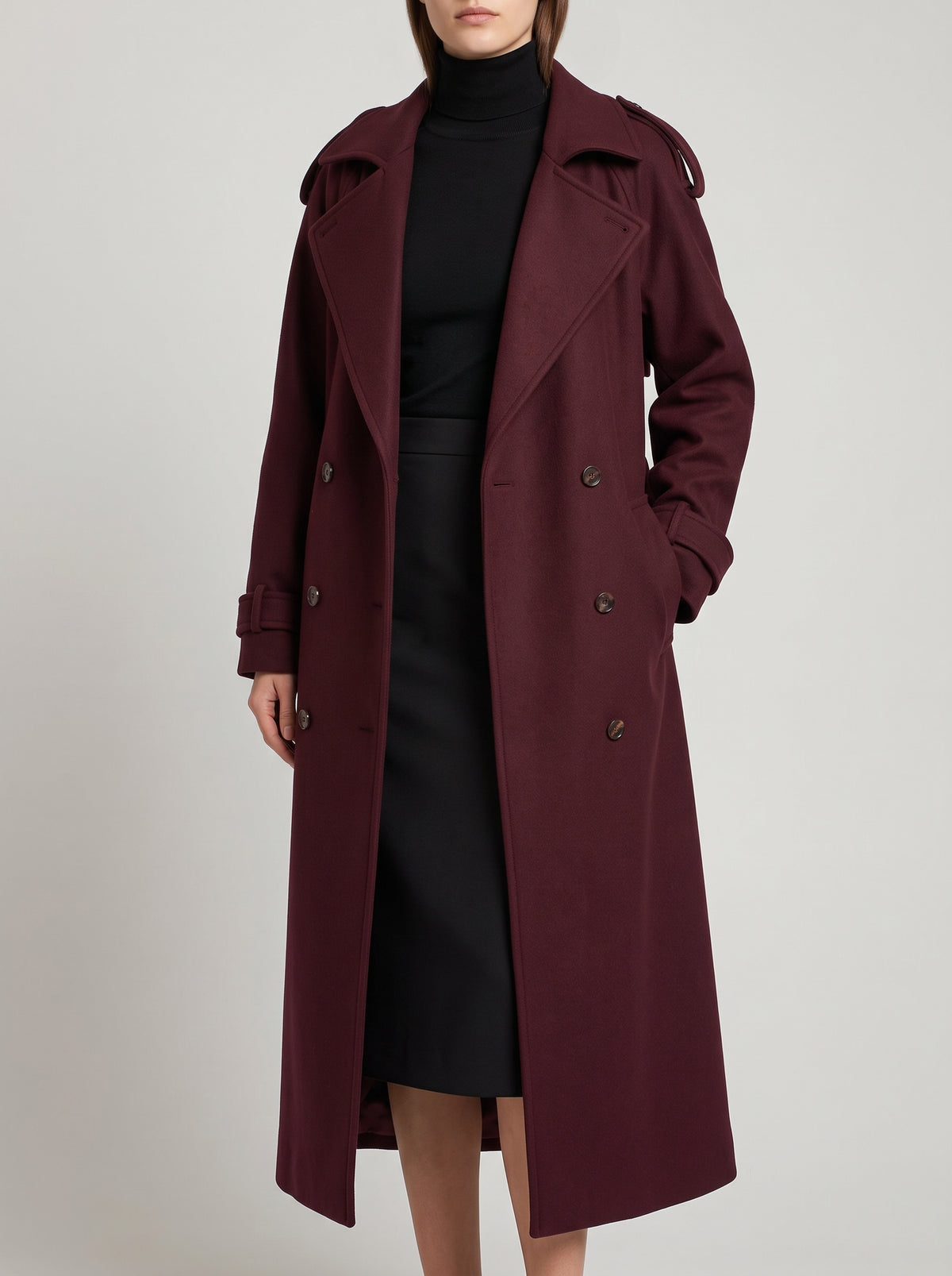 Alicia Long Double-Breasted Wool-Look Coat — Burgundy