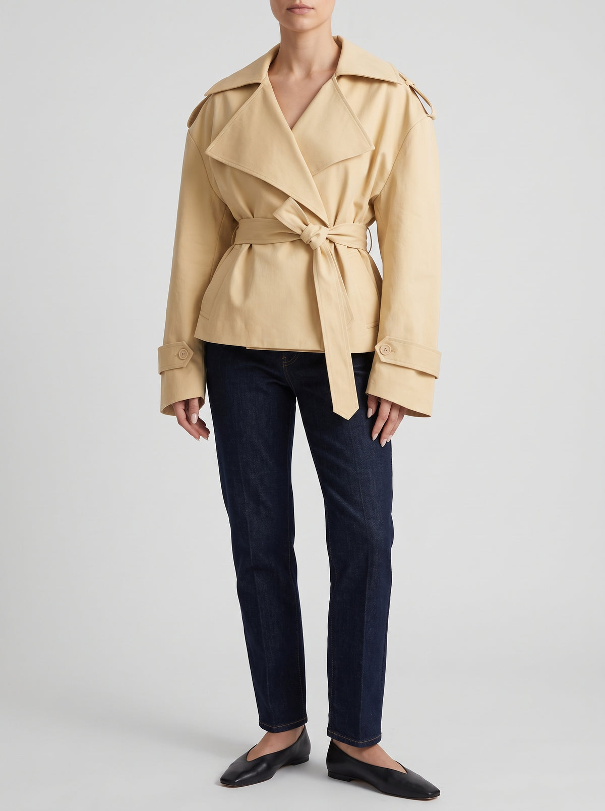 Sandy Cropped Drawstring Trench Coat - Apricot
