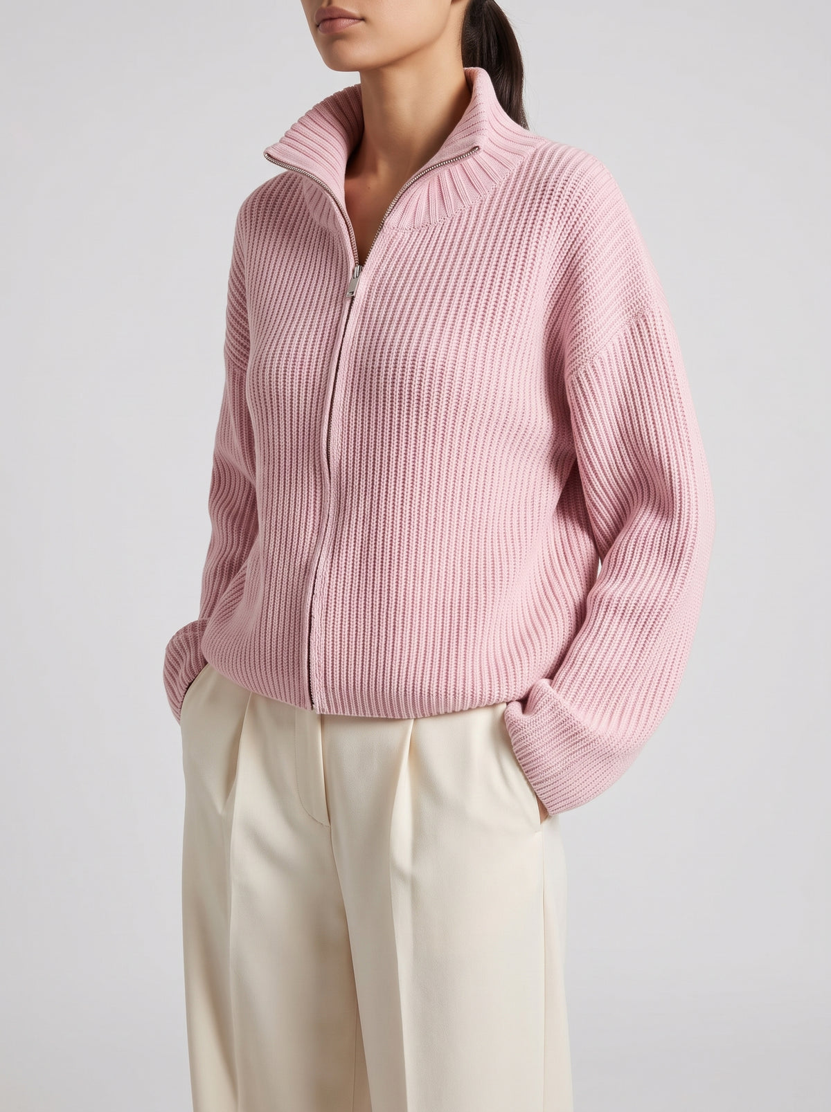 Daniela — Oversize Ribbed Zip-Through Cardigan - Pink