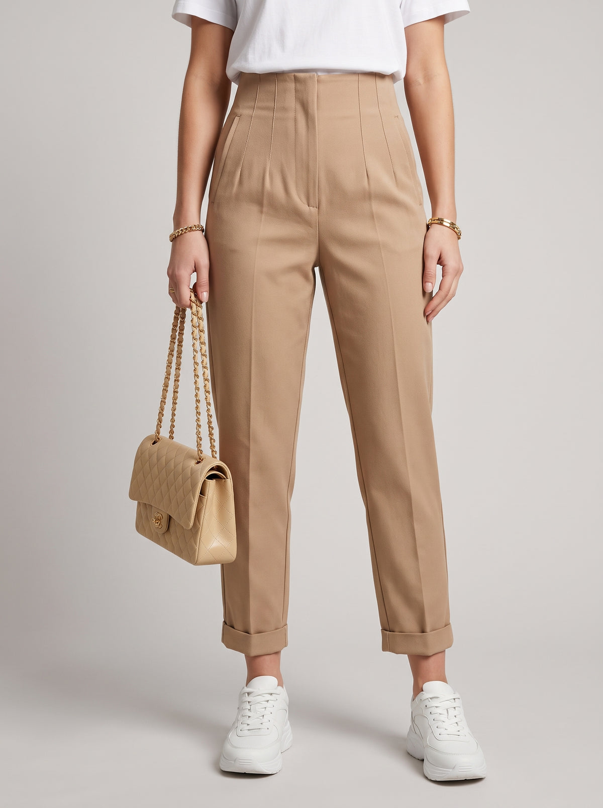 Sofia High-Waisted Pull-On Slim Pants — Brown