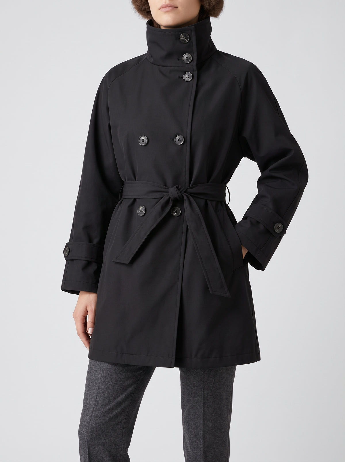 Kara High Neck Short Trench Coat - Black