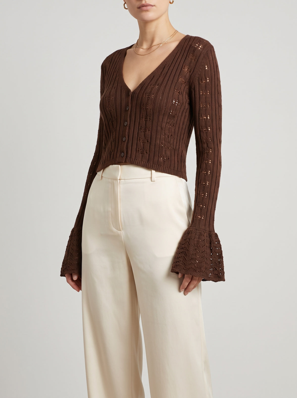 Kendall Openwork Crochet Cardigan — Chocolate