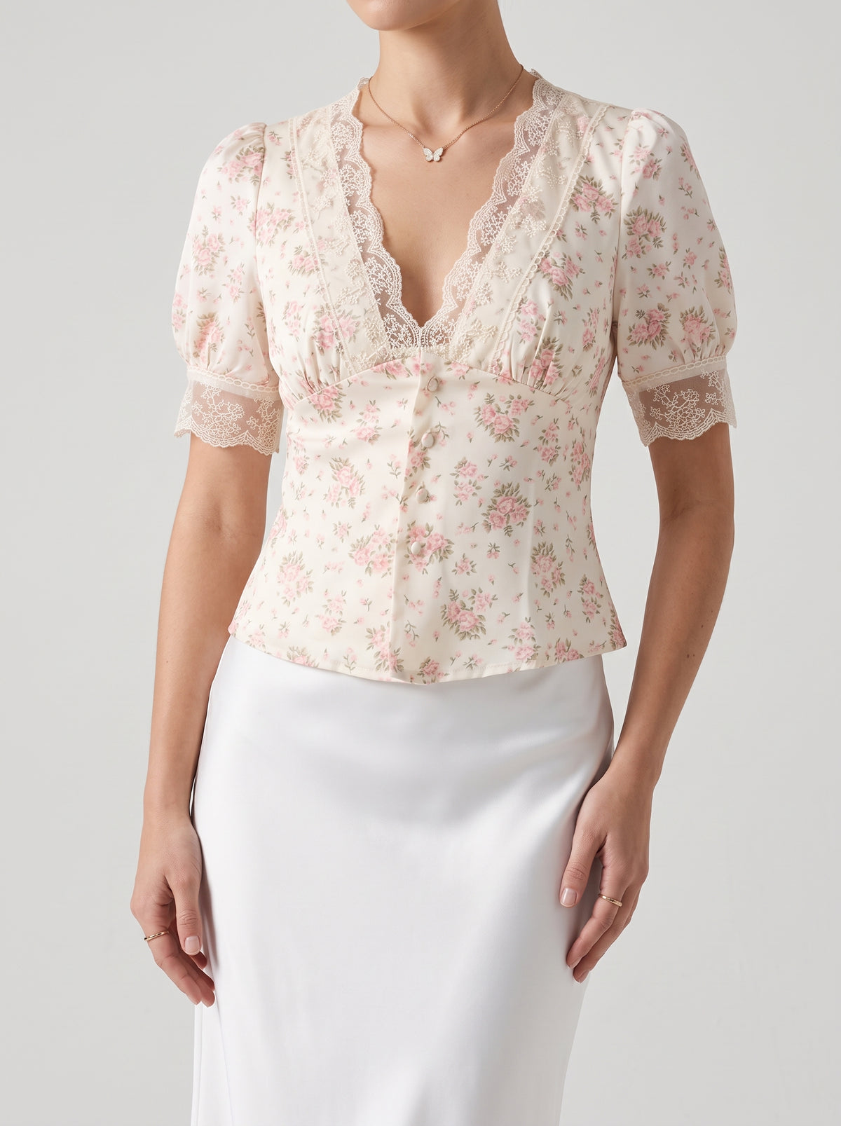 Seren Printed Satin Puff Sleeve Blouse — Beige