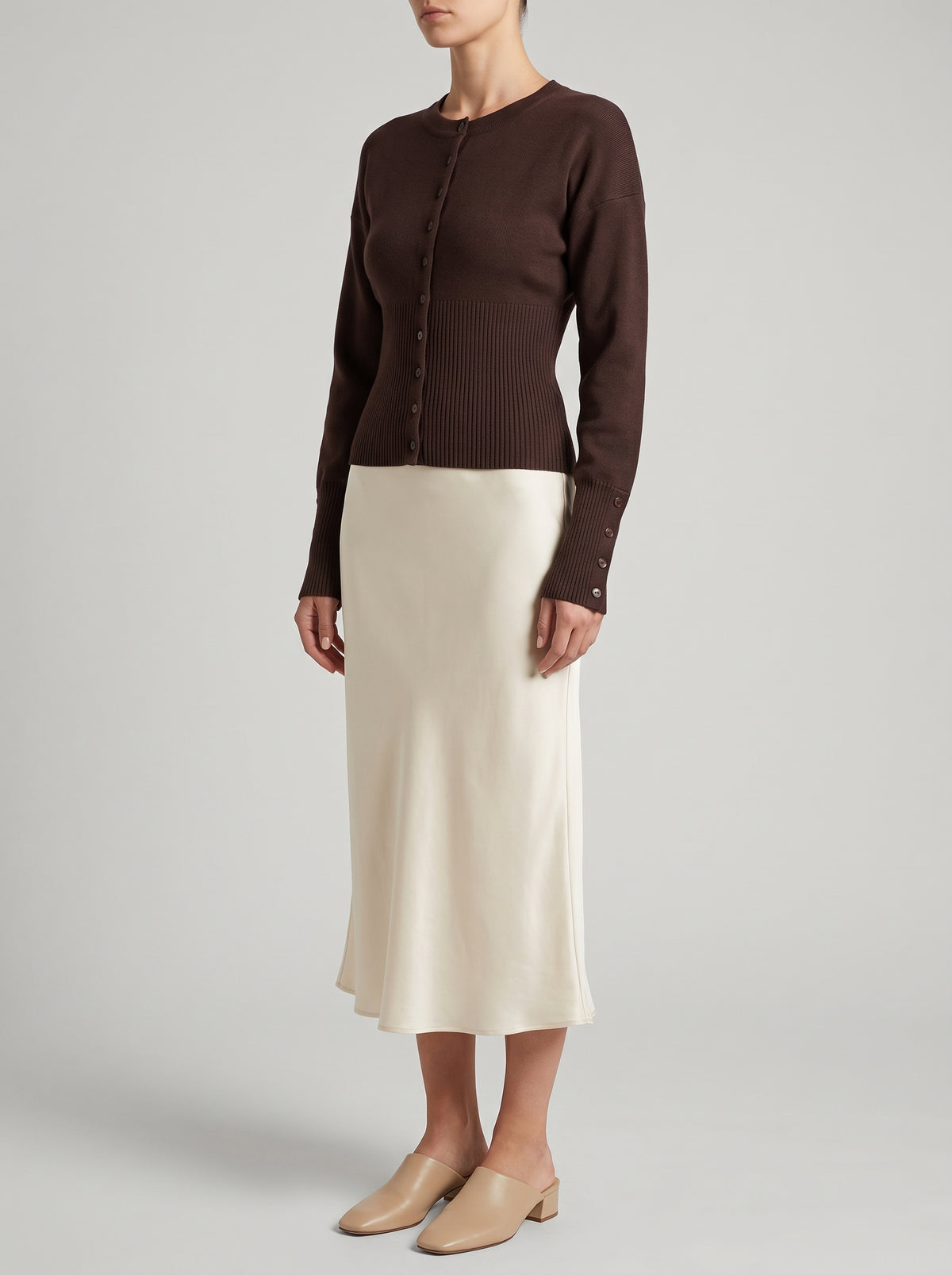 Catherine Fitted Button-Front Cardigan — Dark Brown
