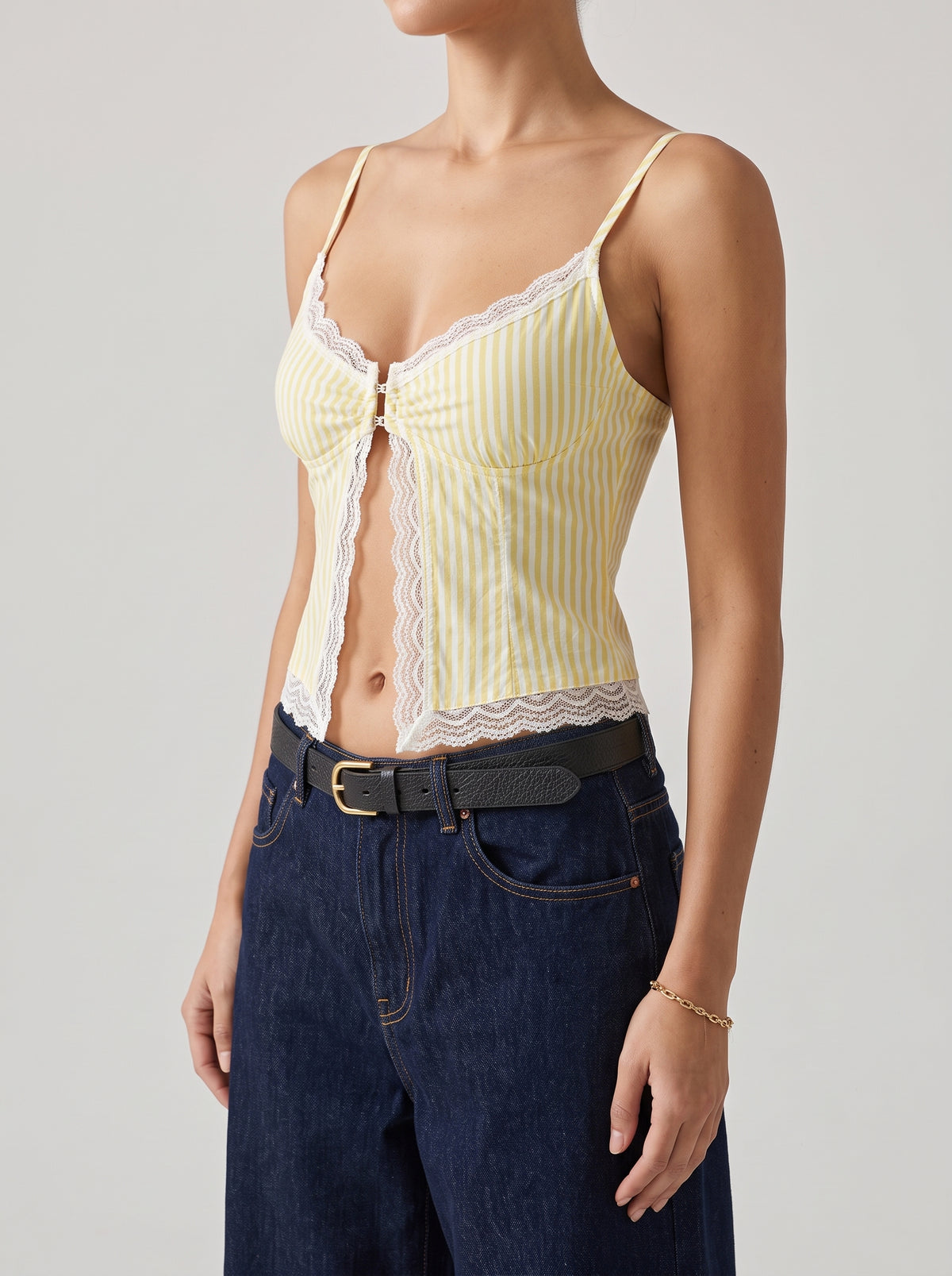 Agda Striped Ruffle and Lace Tank Top — Yellow