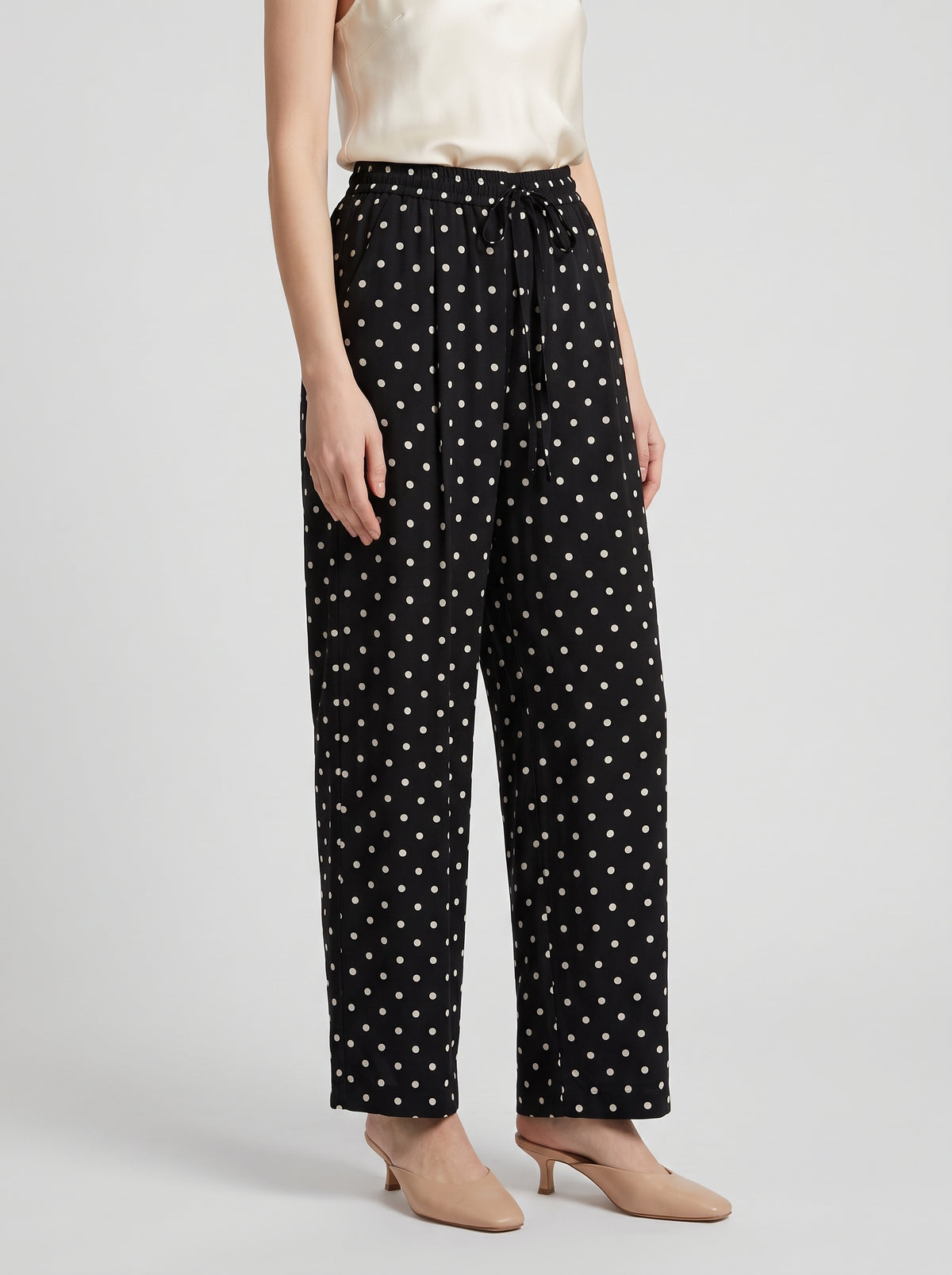 Elizabeth Polka Dot Linen Wide-Leg Pants — Black
