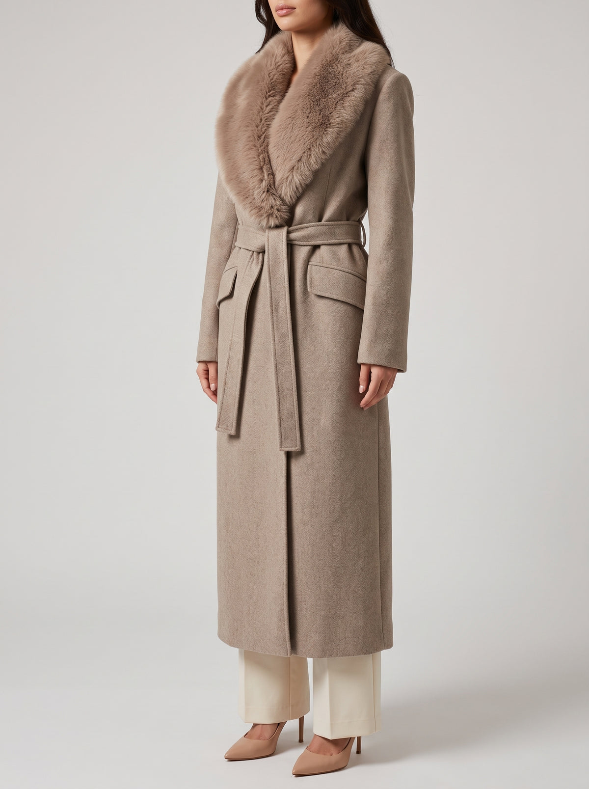 Flora Long Coat with Faux Fur Collar — Beige
