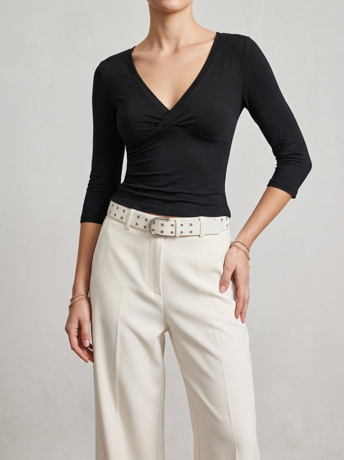 Sofia Deep V-Neck Three-Quarter Sleeve T-Shirt — Black