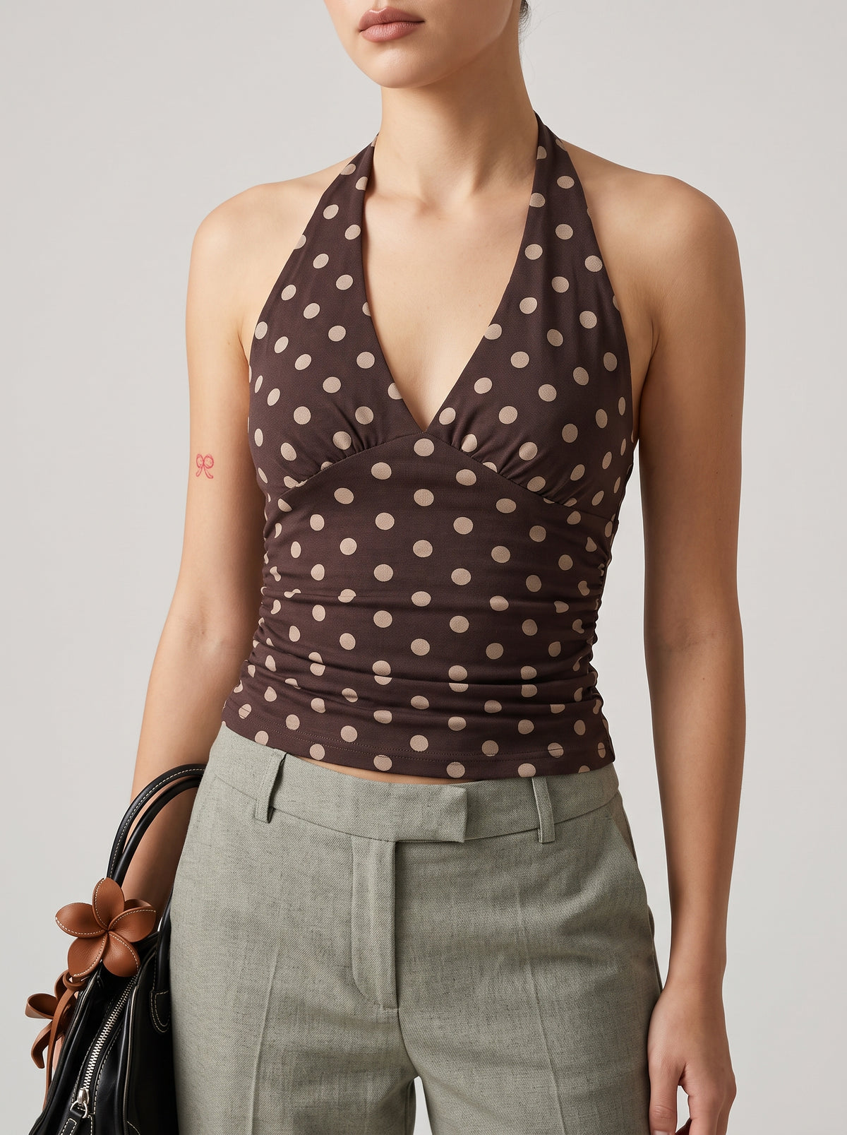 Hannah Polka Dot Halter Top — Chocolate Brown