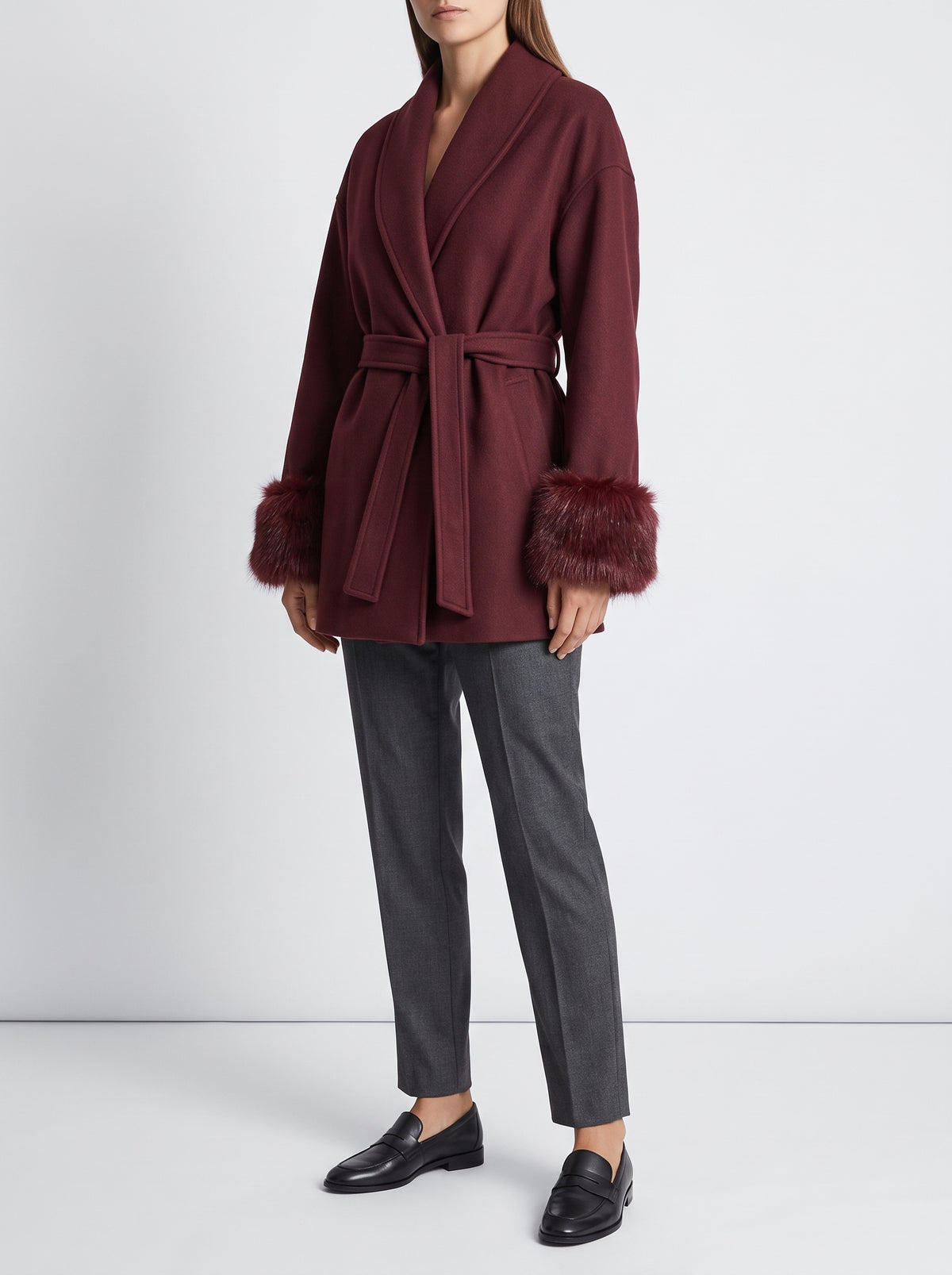 Wool Coat with Fox Fur Cuffs — Burgundy Short