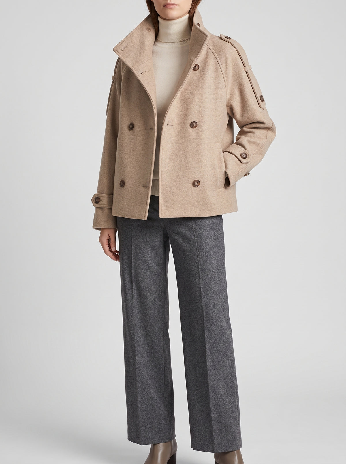 Rhea High-Neck Button-Front Coat — Brown