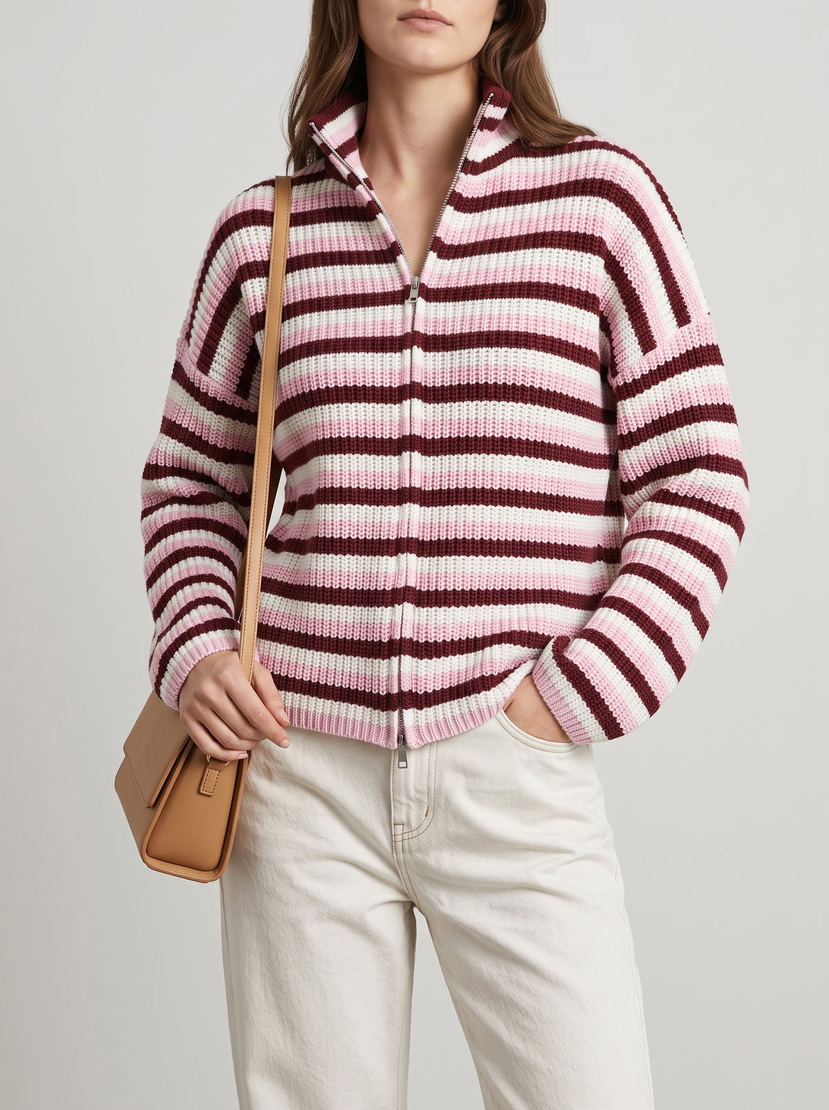 Nora Oversize Striped Zip-Through Jumper - Pink
