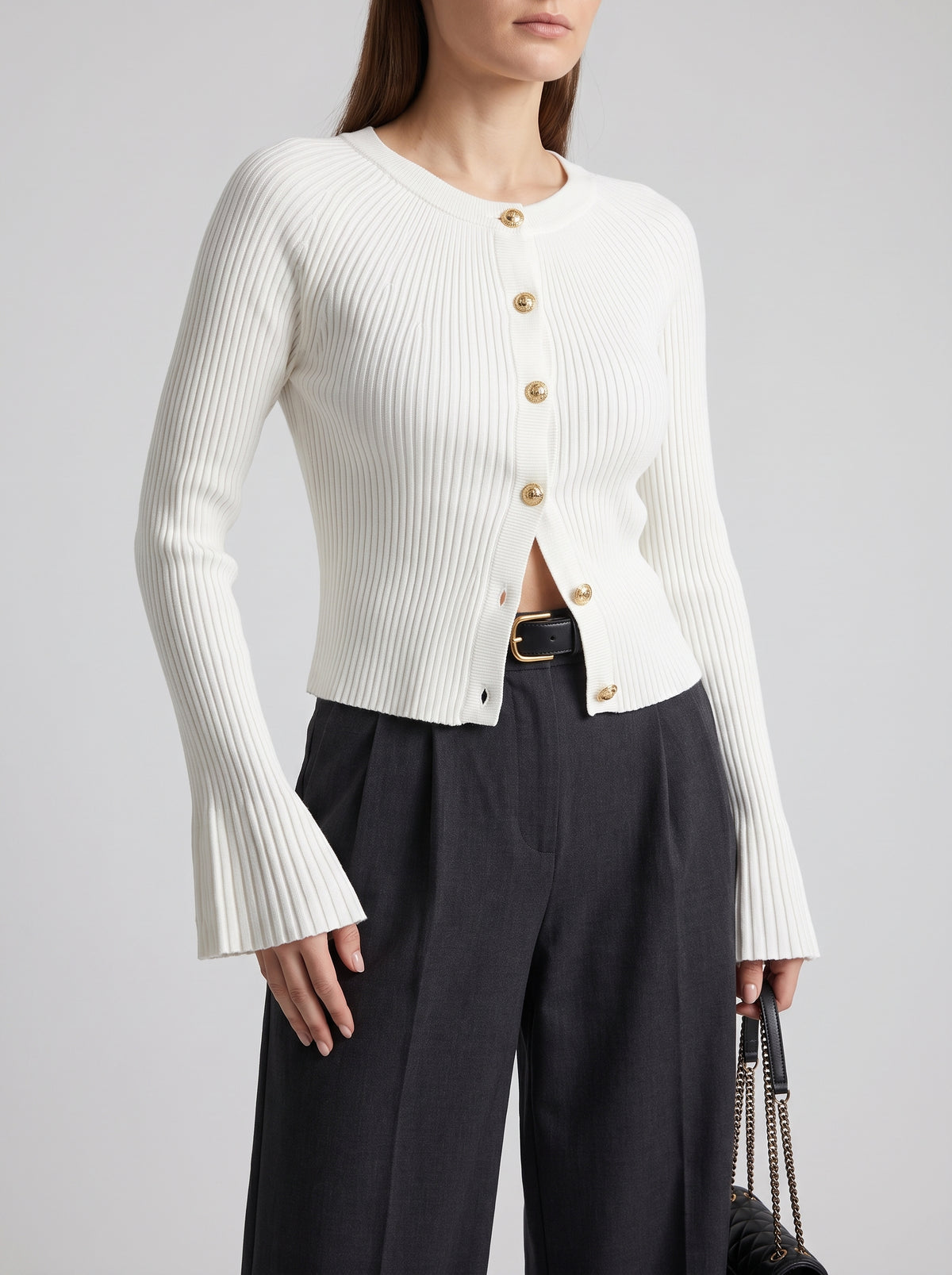 Eloisa Long-Sleeve Ribbed Knit Cardigan — White