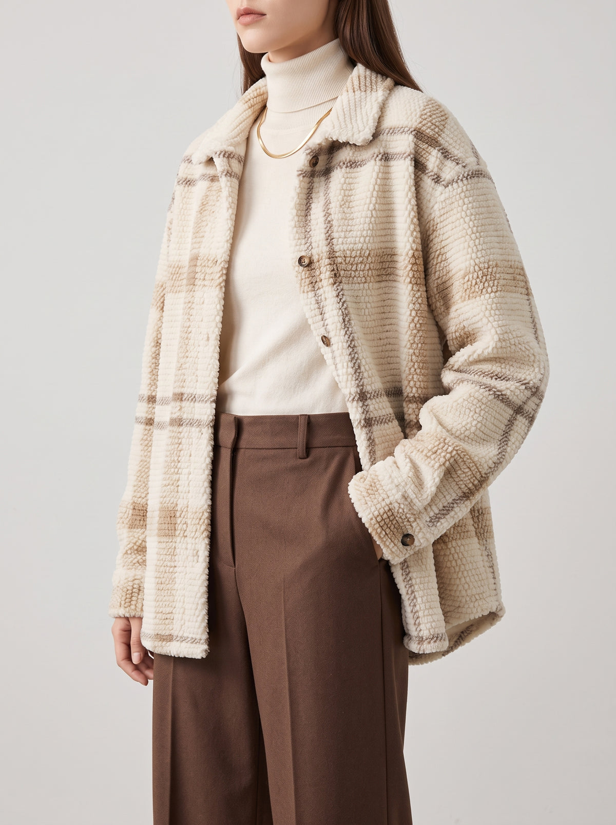 MARTHE — Checked Fleece Overshirt - Beige
