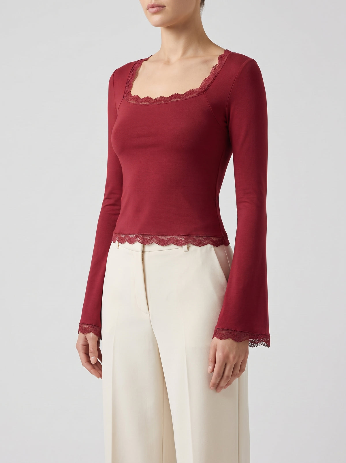 Jackie Square Neck Lace Blouse — Red
