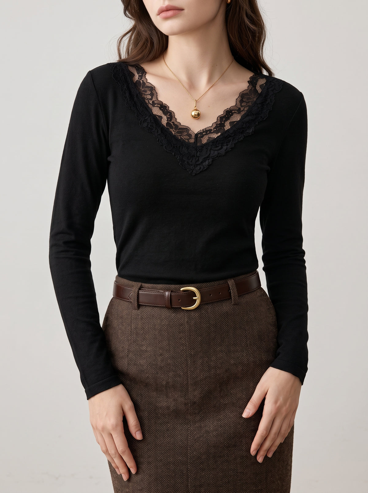 Aurora V-Neck Lace Top - Black