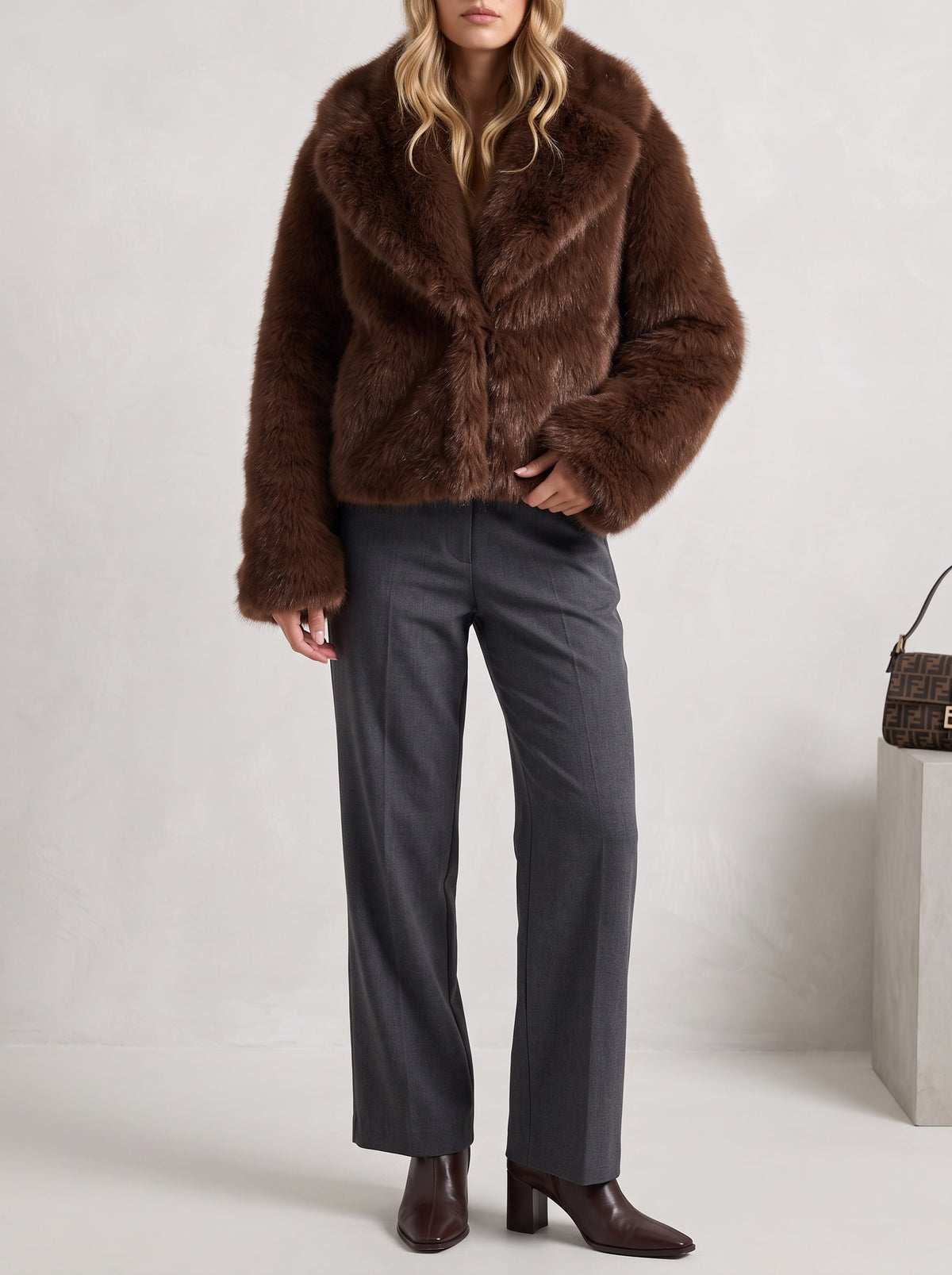 Elsa Faux Fur Coat with Knit Collar — Burgundy
