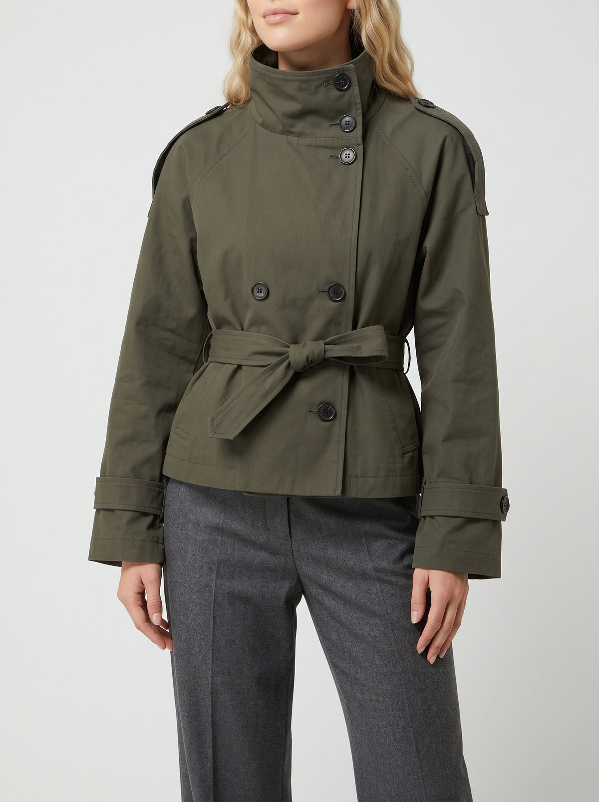 Kara High Neck Short Trench Coat - Olive