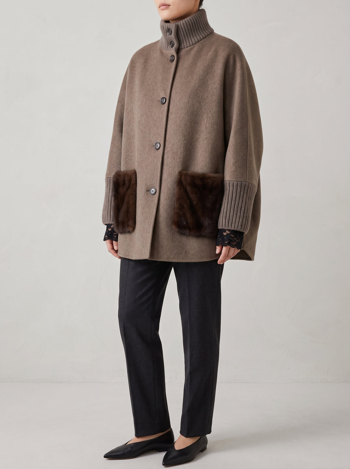 Terry Knit and Faux Fur Coat — Brown