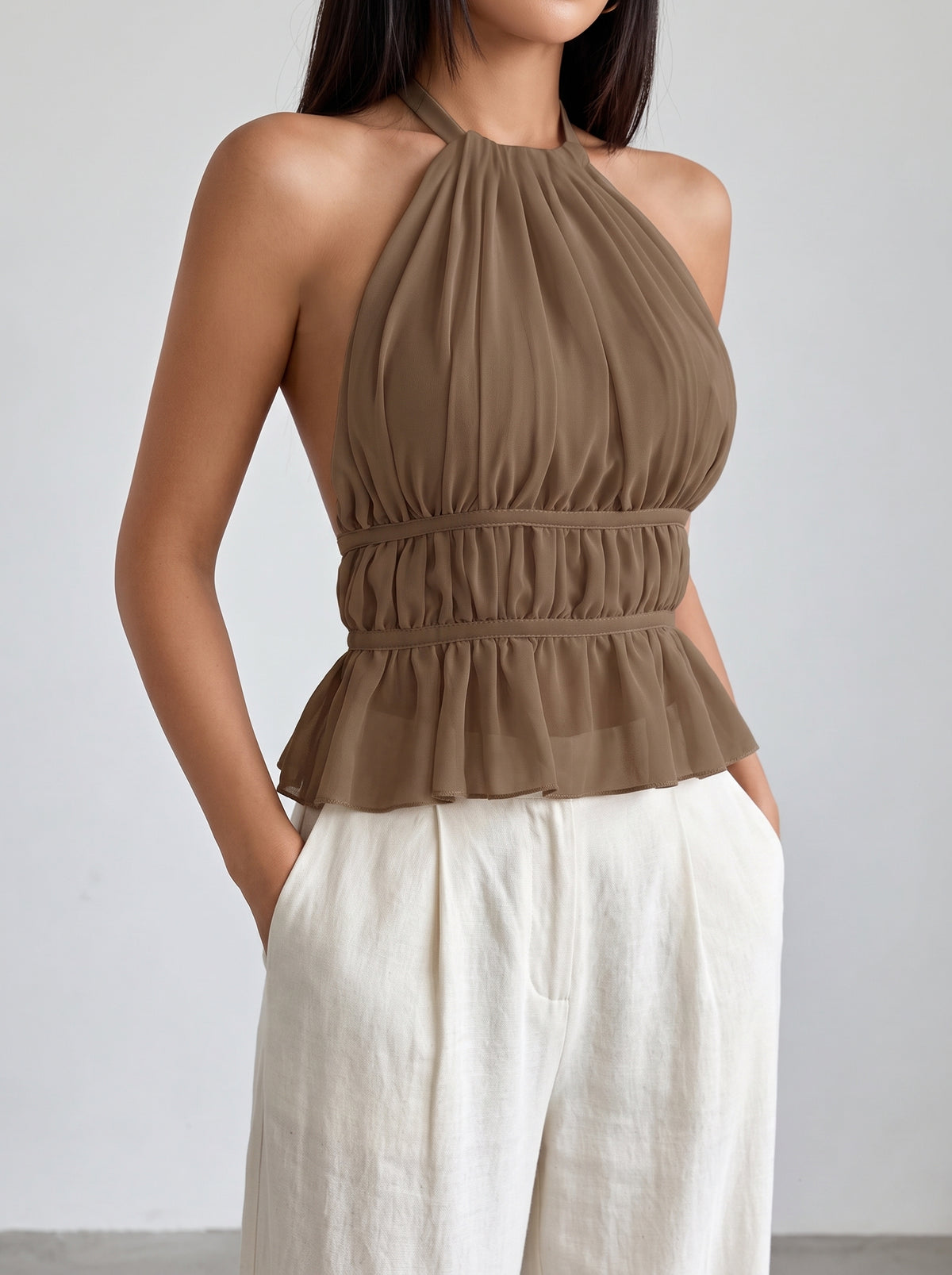 Inès Ruched Halter Top — Brown