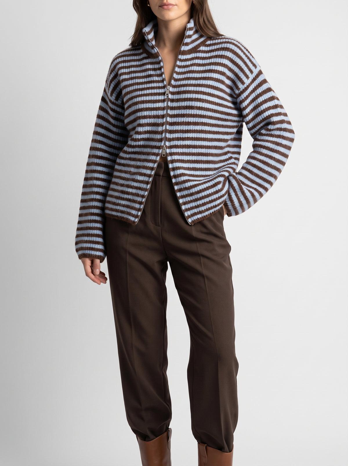Angela Striped High-Neck Knitted Cardigan - Blue