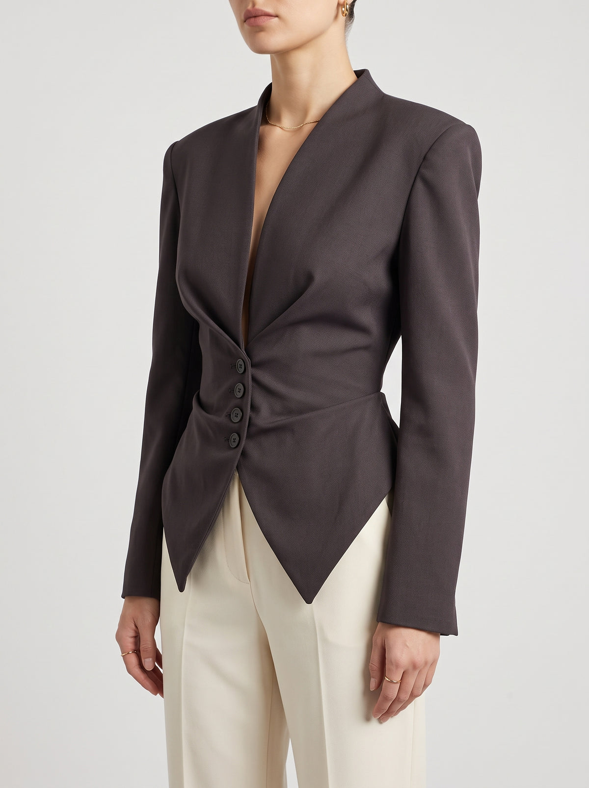 Tricia Structured-Shoulder Fitted Blazer - Brown