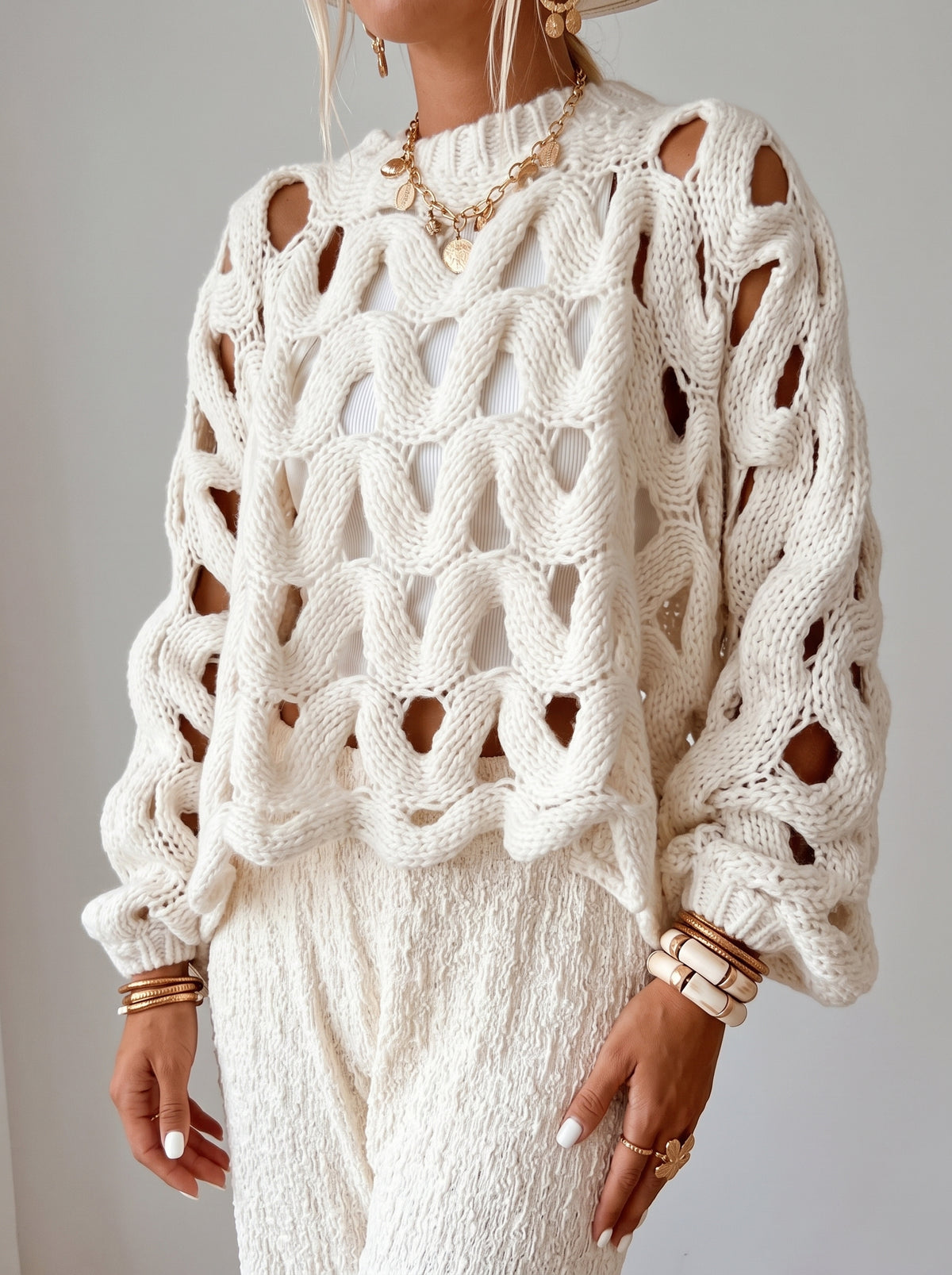 SOPHIE — Open-Knit Jumper - Apricot White