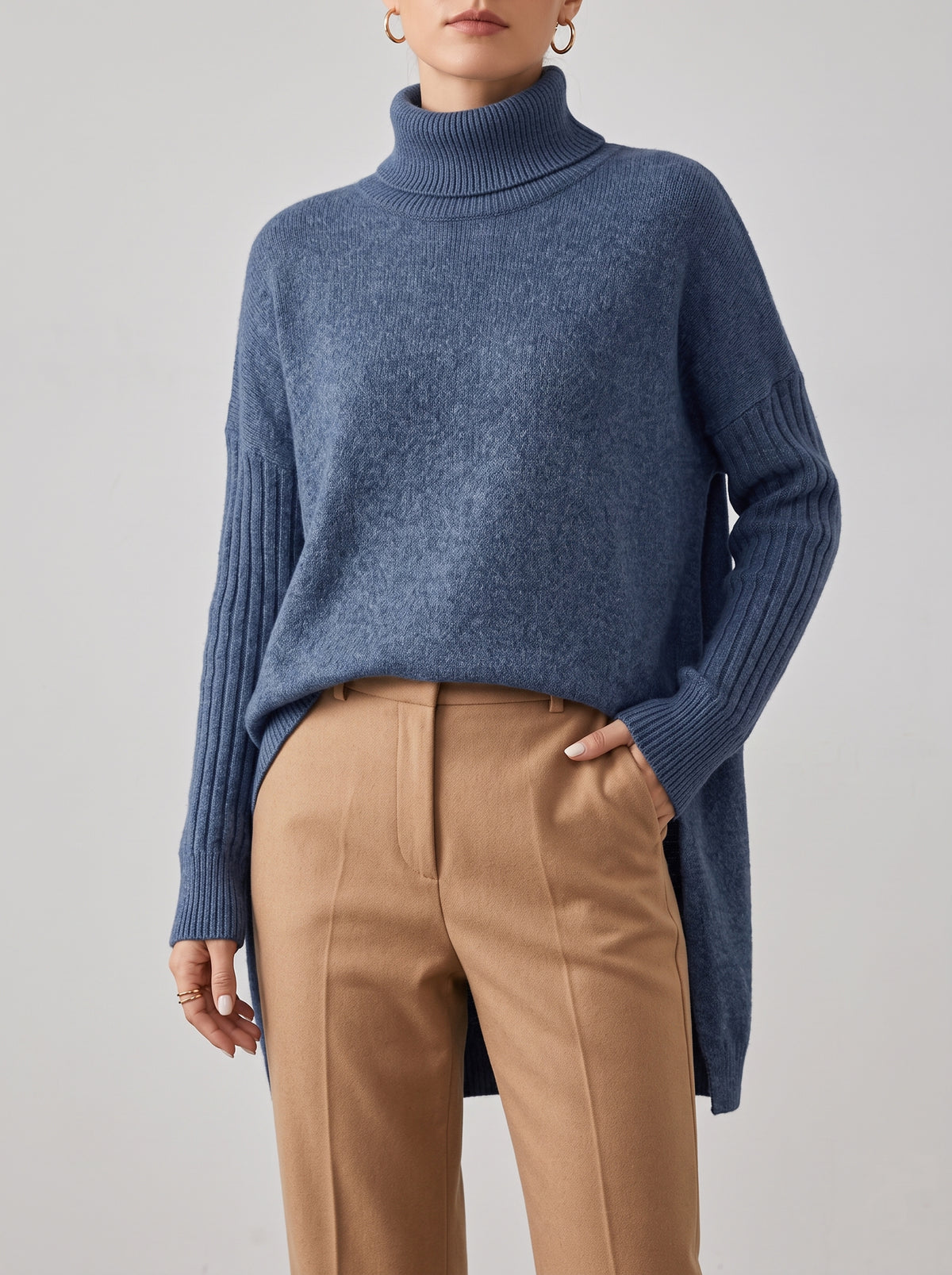 BRIGITTE — Long Roll Neck Jumper - Sea Blue