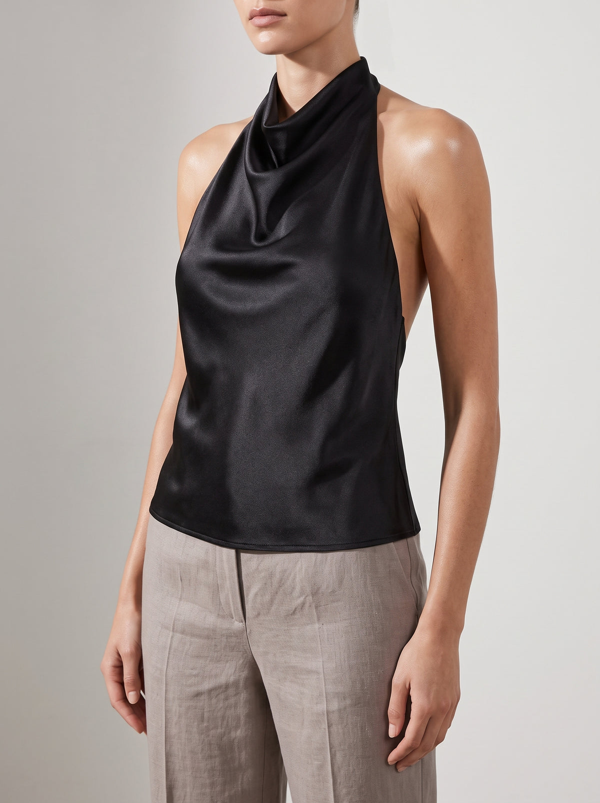 Anastasia Satin Backless Top — Black