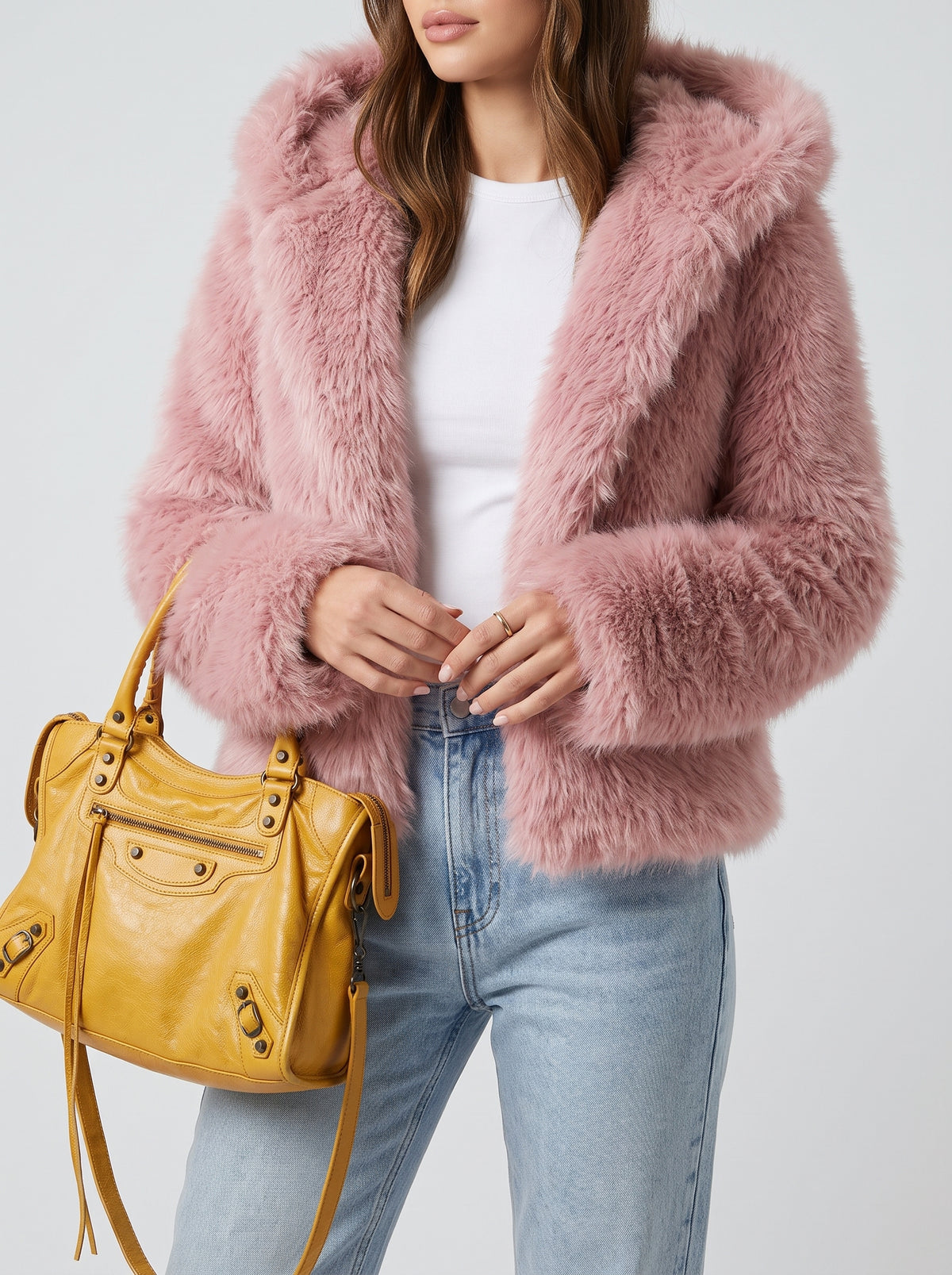 Anouk Cropped Faux Fur Hooded Jacket — Pink