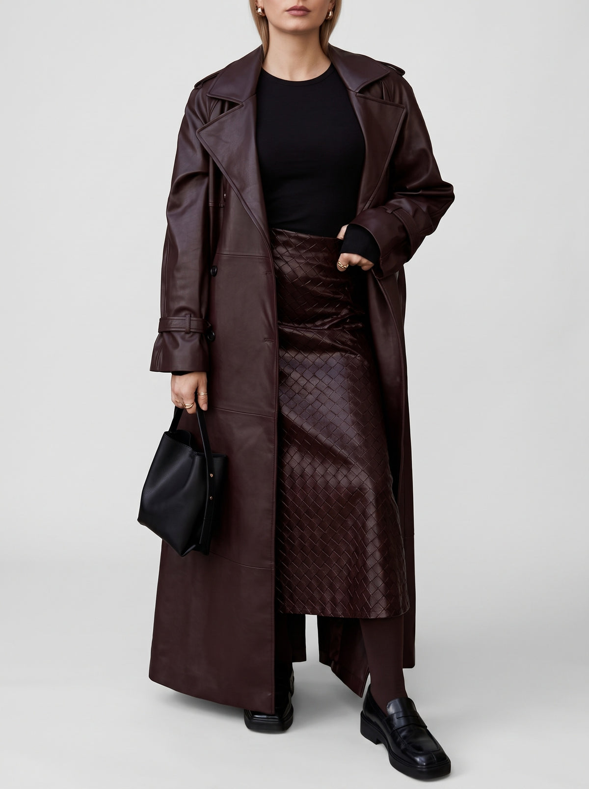 Cassy Long Faux Leather Trench Coat — Burgundy