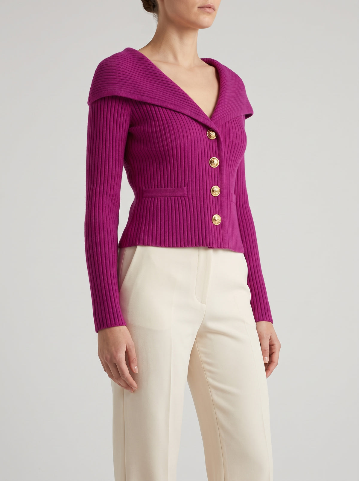 MORGANE — Wide Collar Buttoned Cardigan - Purple