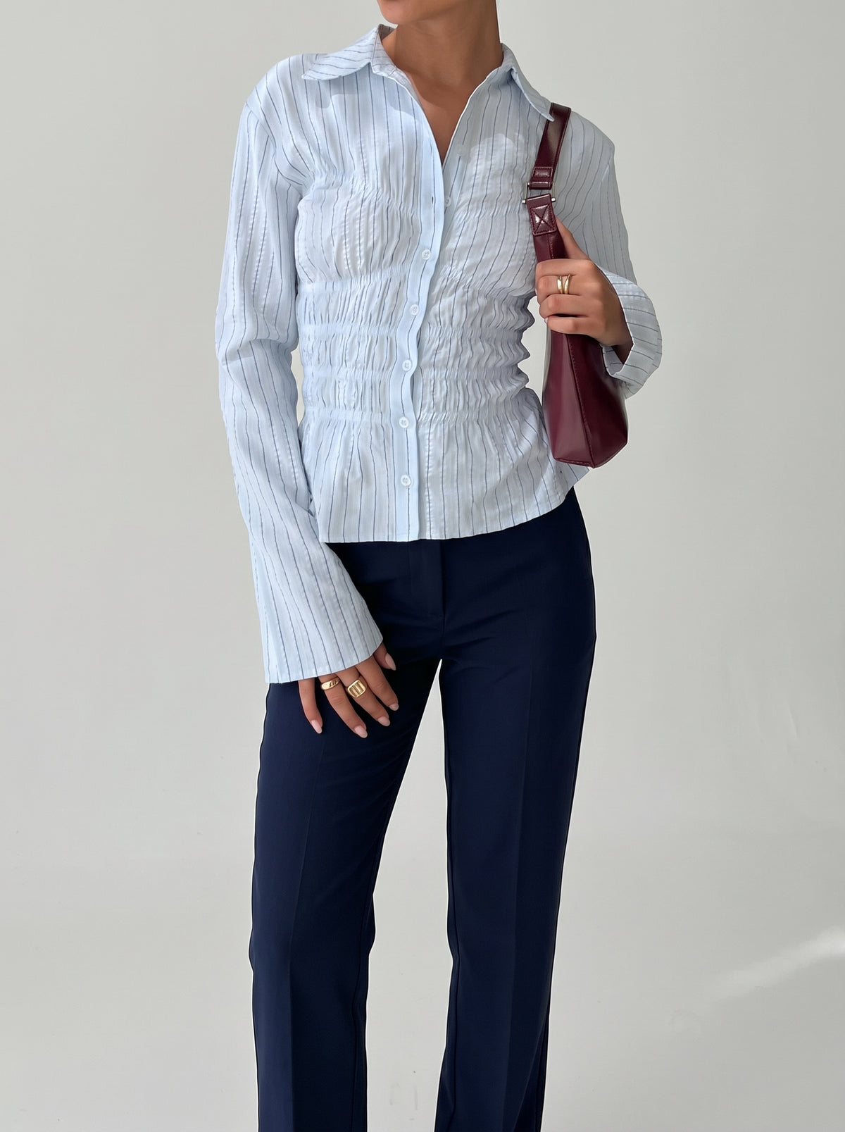 Susan Ruched Long Sleeve Blouse — Blue