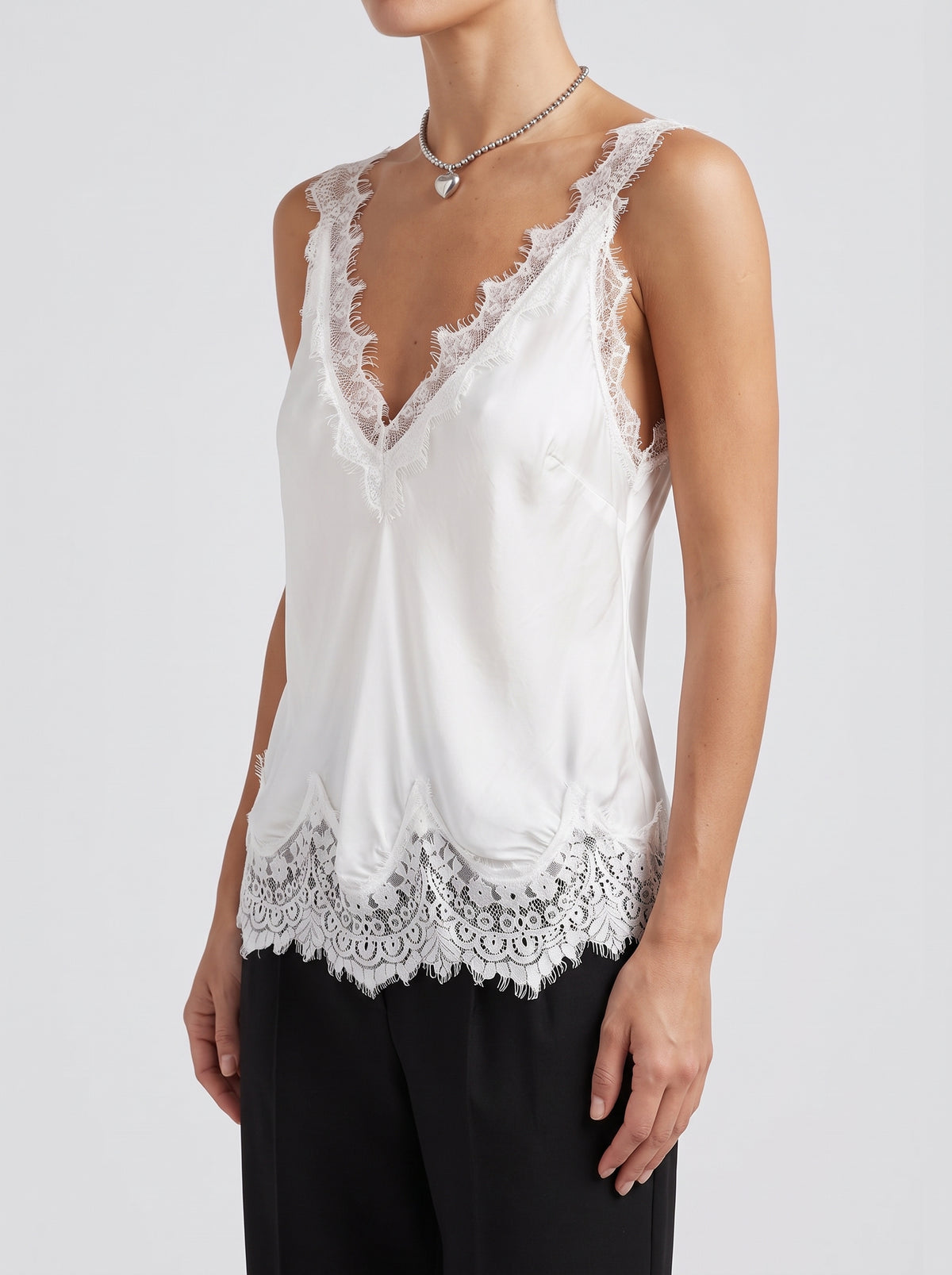 Marisol V-Neck Top with Lace Trim — White