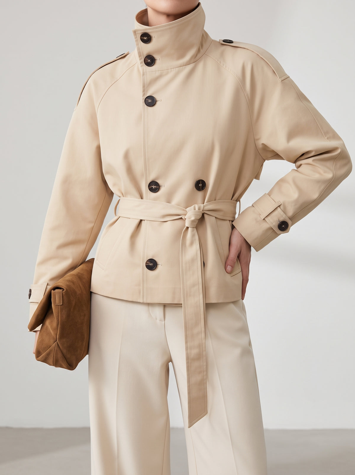 Kara High Neck Short Trench Coat - Ivory