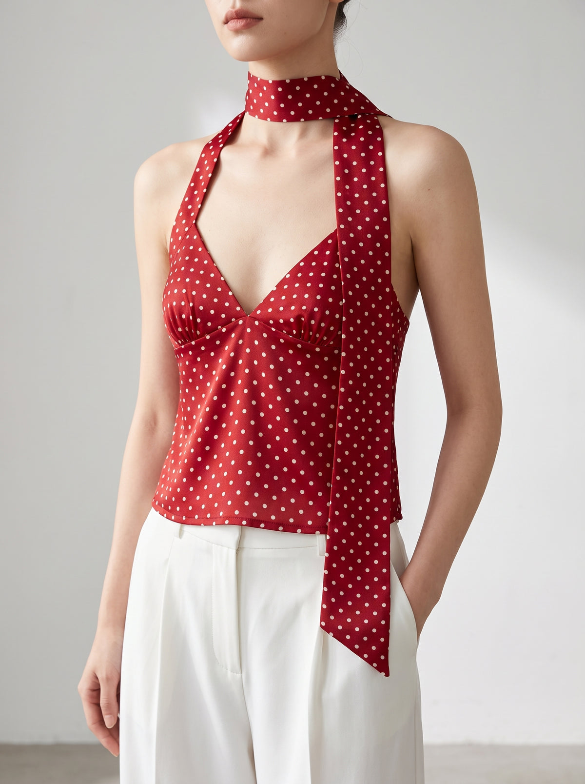 Ruffa — Polka Dot Open Back Cami Top - Red