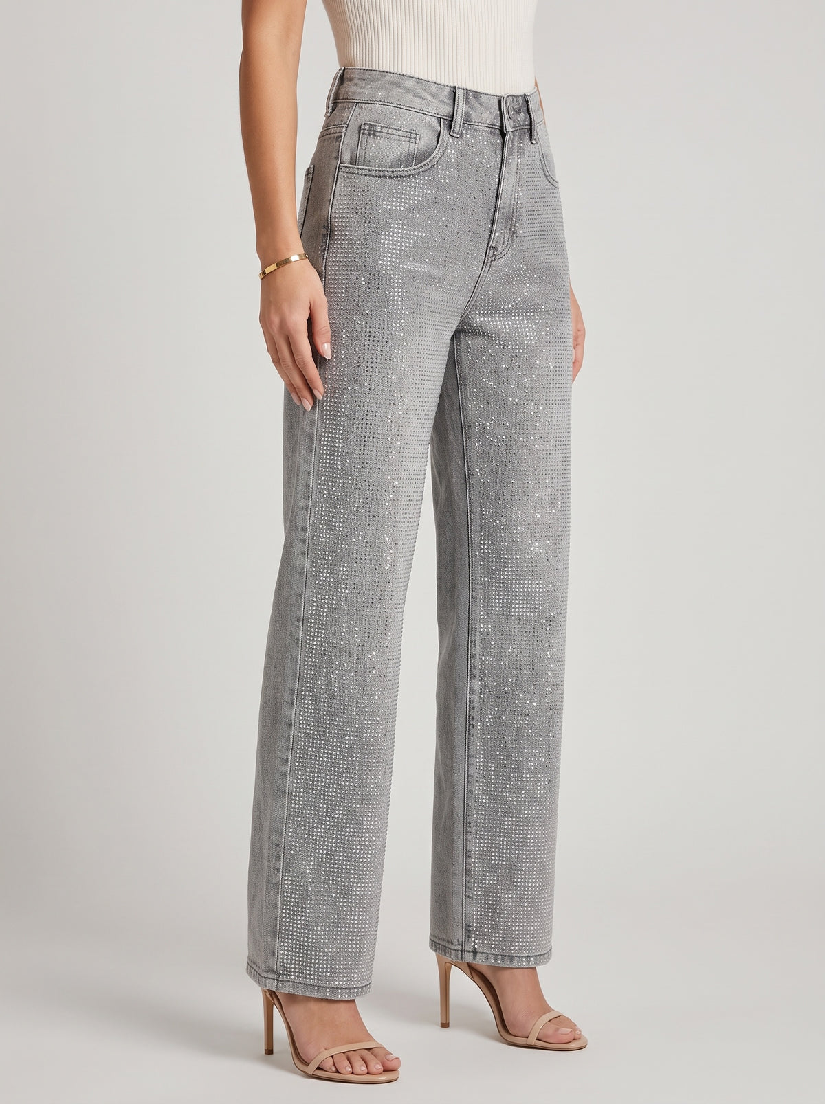 Eliana High-Waisted Rhinestone Wide-Leg Jeans — Light Gray