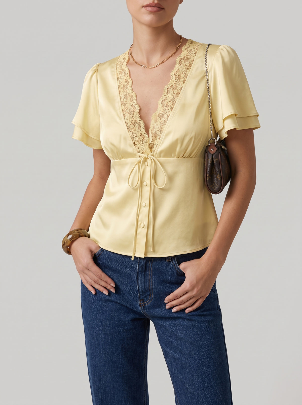 Short Sleeve Lace Rosette Blouse — Light Yellow