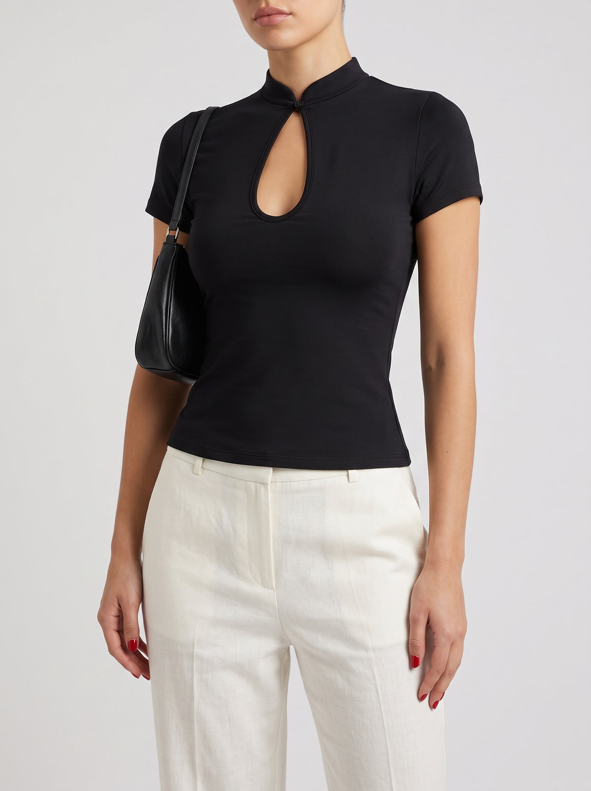 Ximena Mandarin Collar Blouse with Knot Buttons — Black
