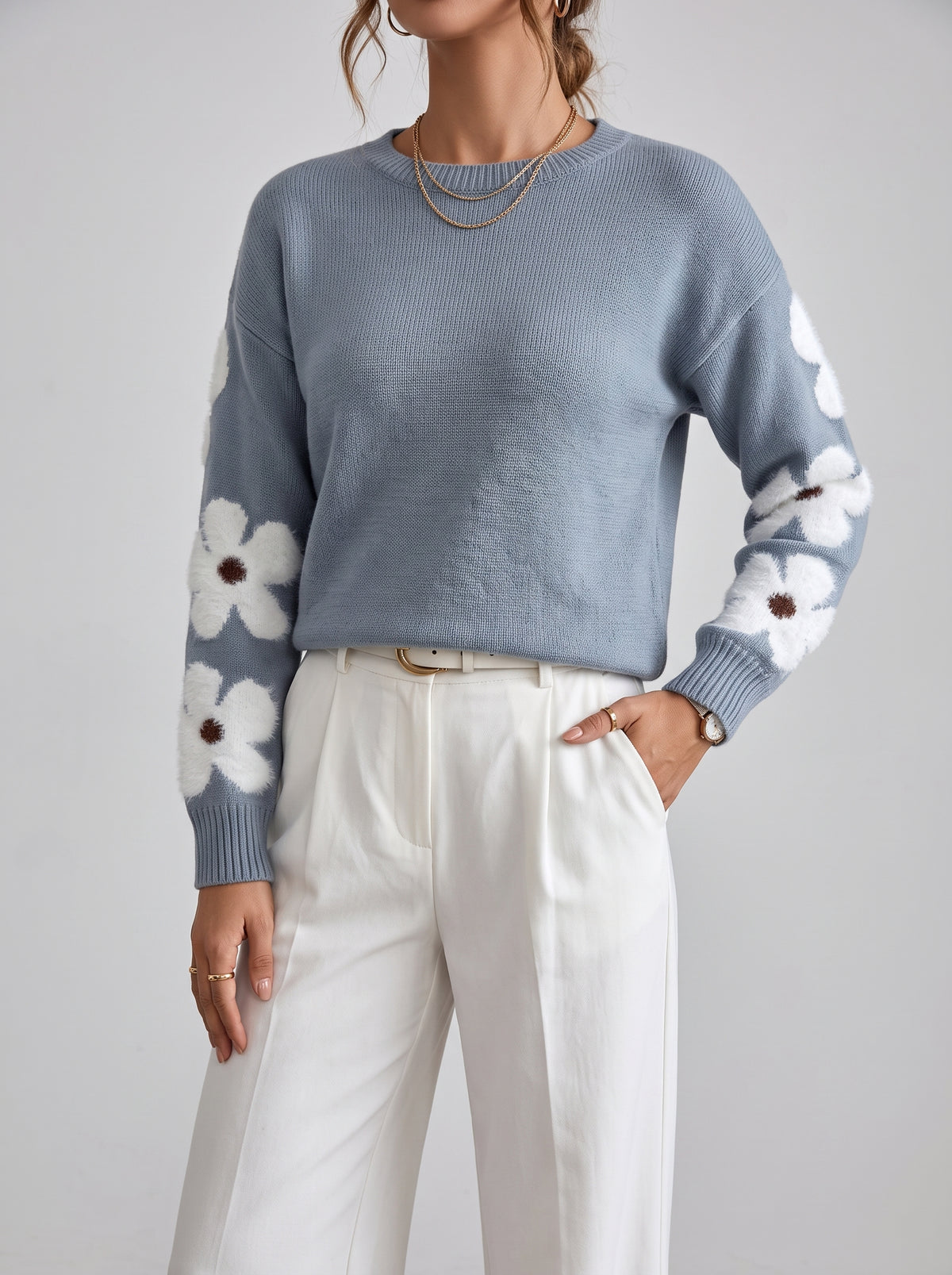 AGATHE — Floral Knit Jumper - Blue