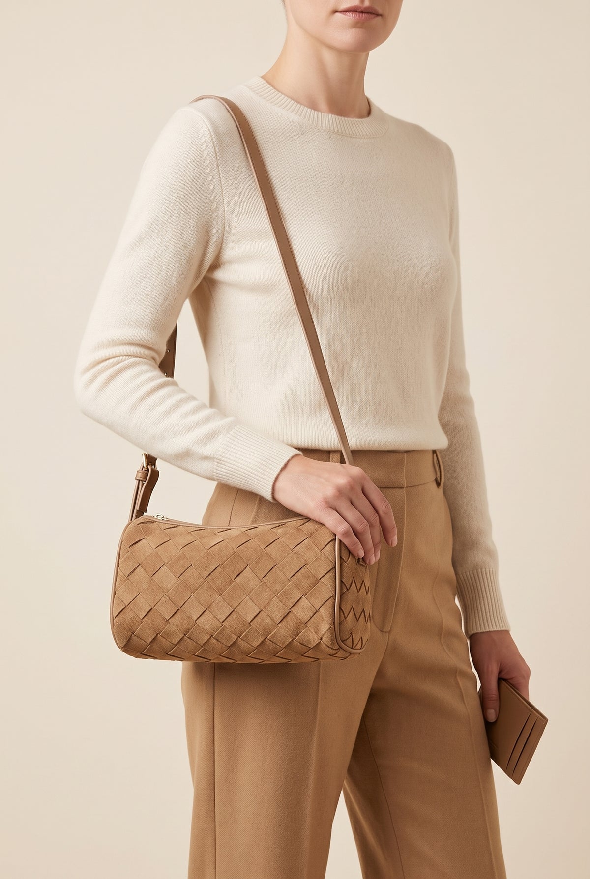Eva Compact Woven Crossbody Bag — On-Model View